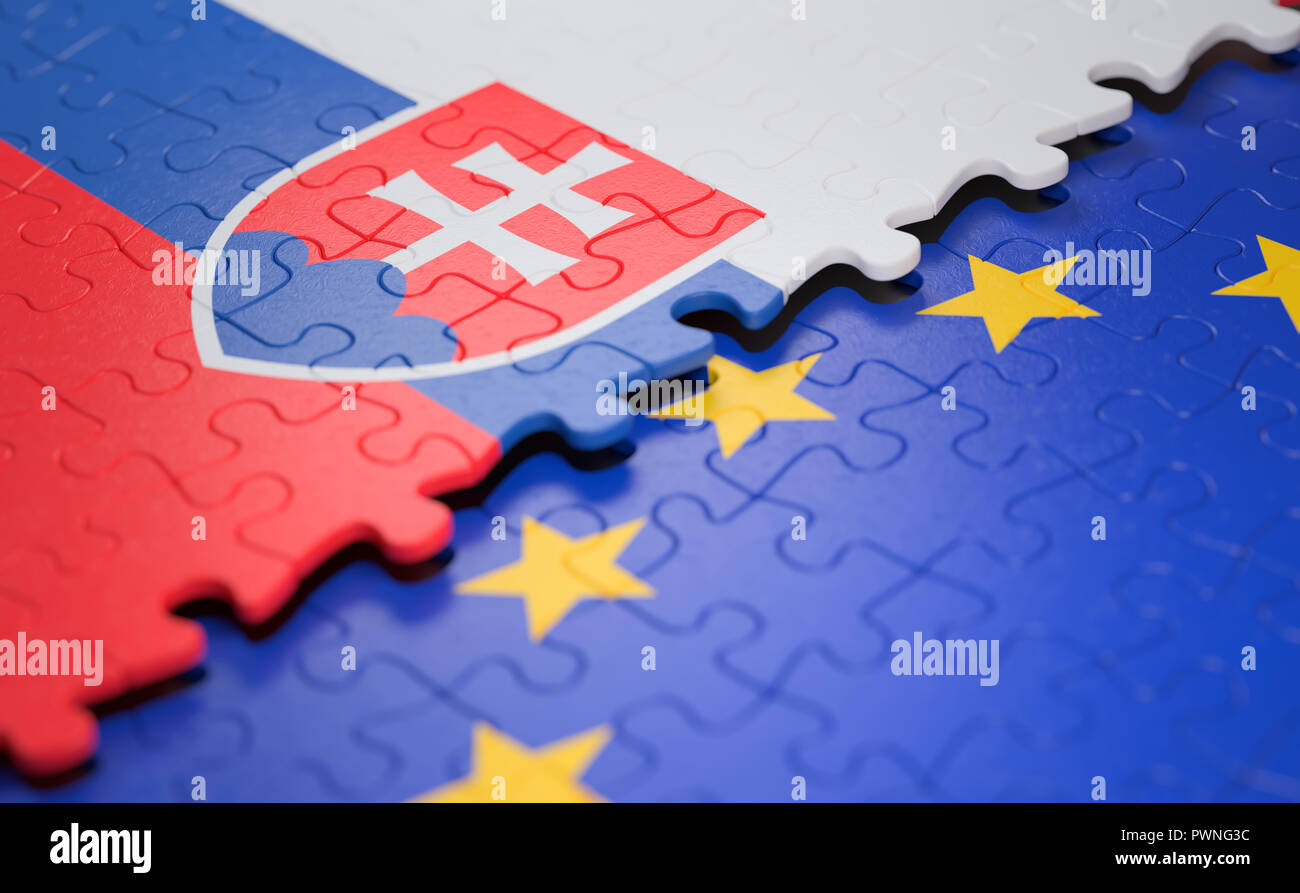Flag of the Slovakia and the European Union in the form of puzzle pieces in concept of politics and economic union. Stock Photo