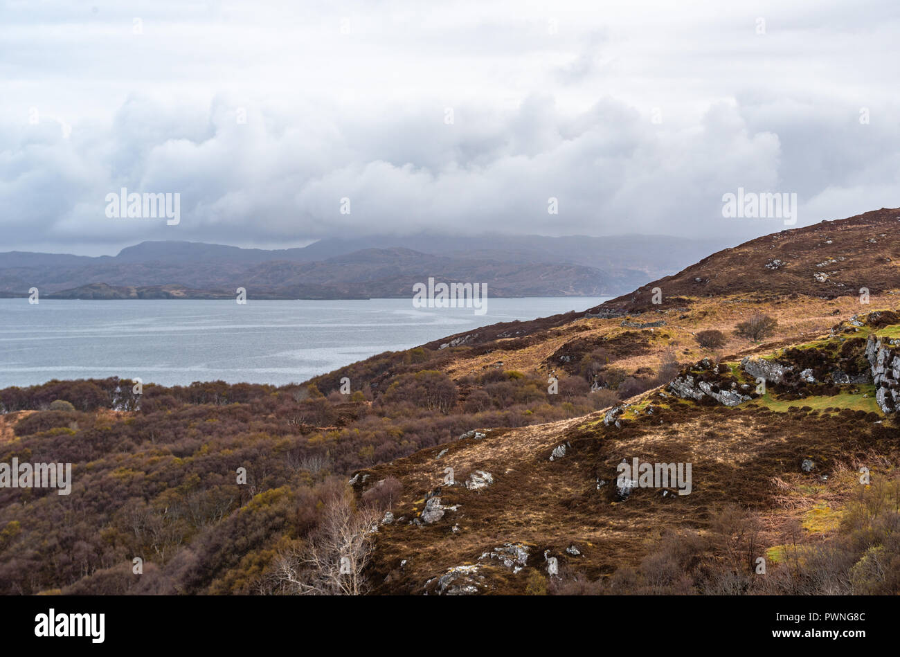 View onto the islands in Loch Ardbhair, Drumbeg,  Assynt, Ross-shire, Scotland, UK Stock Photo