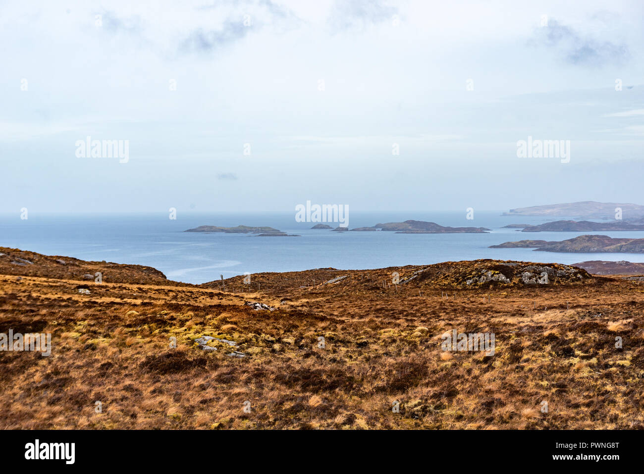 View onto the islands in Loch Ardbhair, Drumbeg,  Assynt, Ross-shire, Scotland, UK Stock Photo