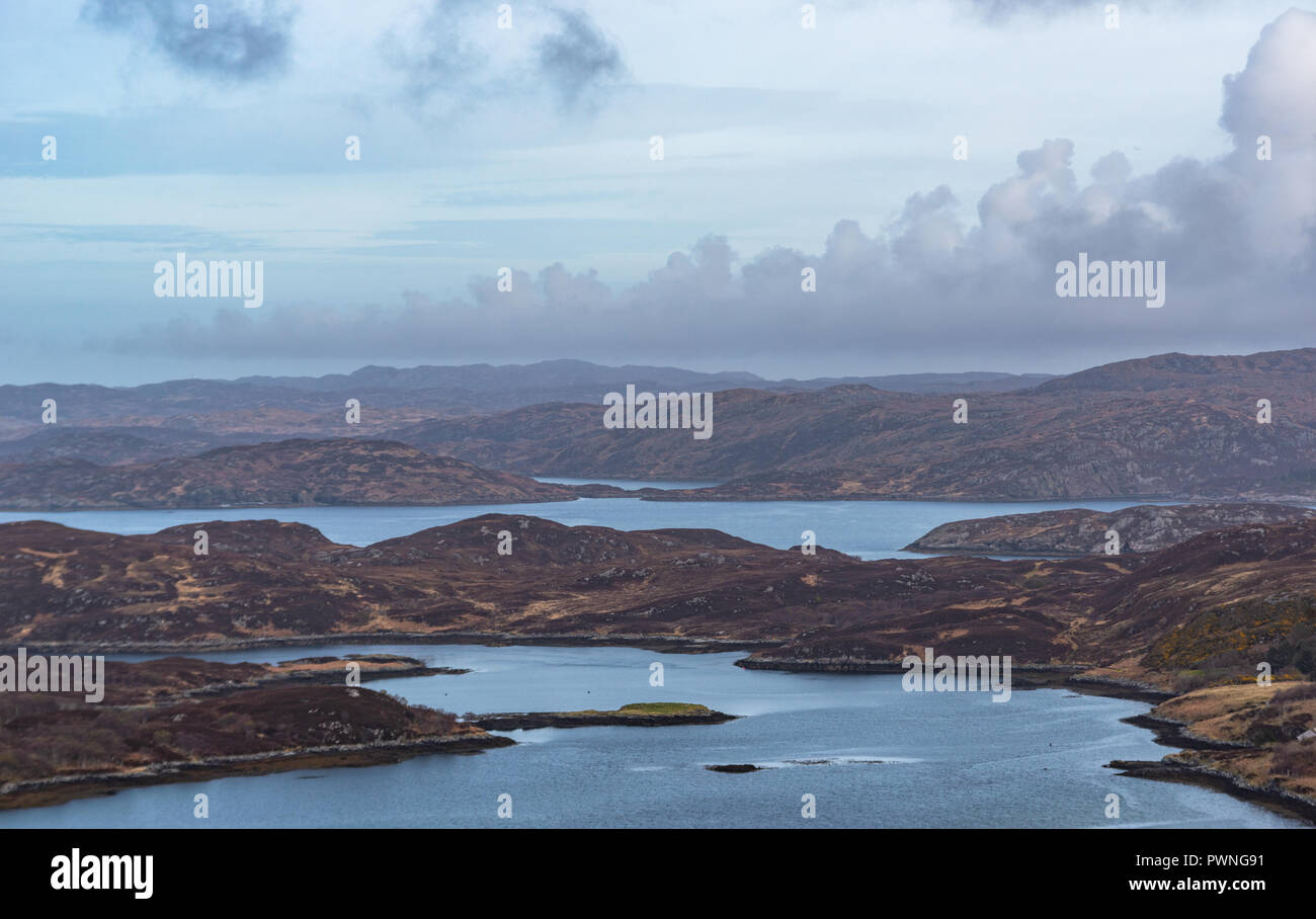 View onto the islands in Loch Ardbhair, Drumbeg,  Assynt, Ross-shire, Scotland, UK Stock Photo