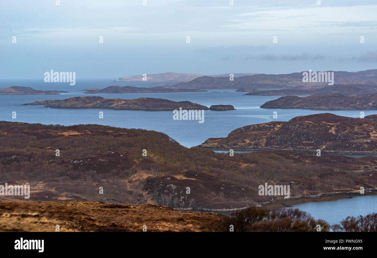 View onto the islands in Loch Ardbhair, Drumbeg,  Assynt, Ross-shire, Scotland, UK Stock Photo