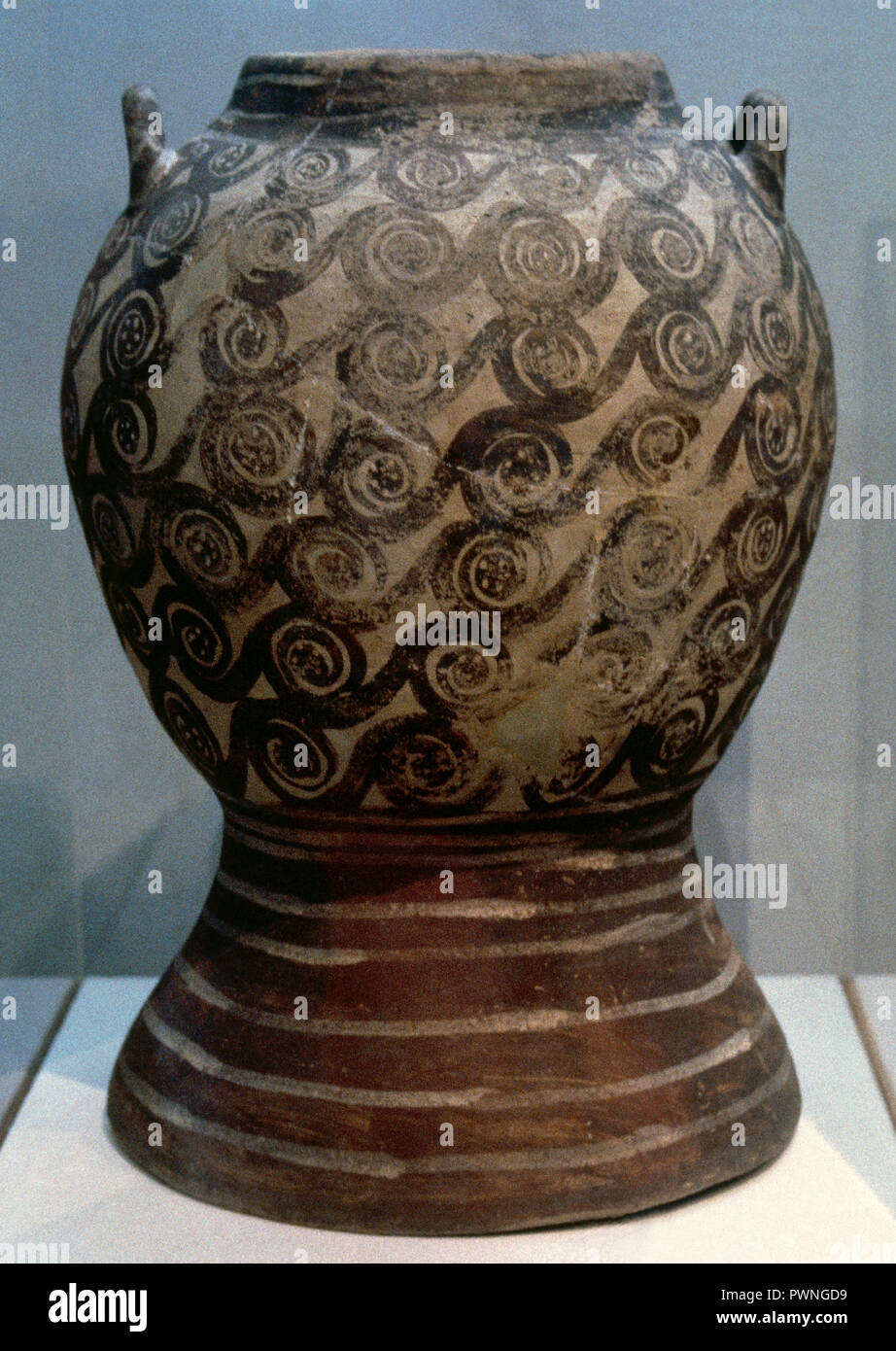 Ceramic pitcher with geometric decoration in the form of spirals. Second half of the 16th century BC. From Akrotiri (Thera). National Archaeological Museum. Athens, Greece. Stock Photo
