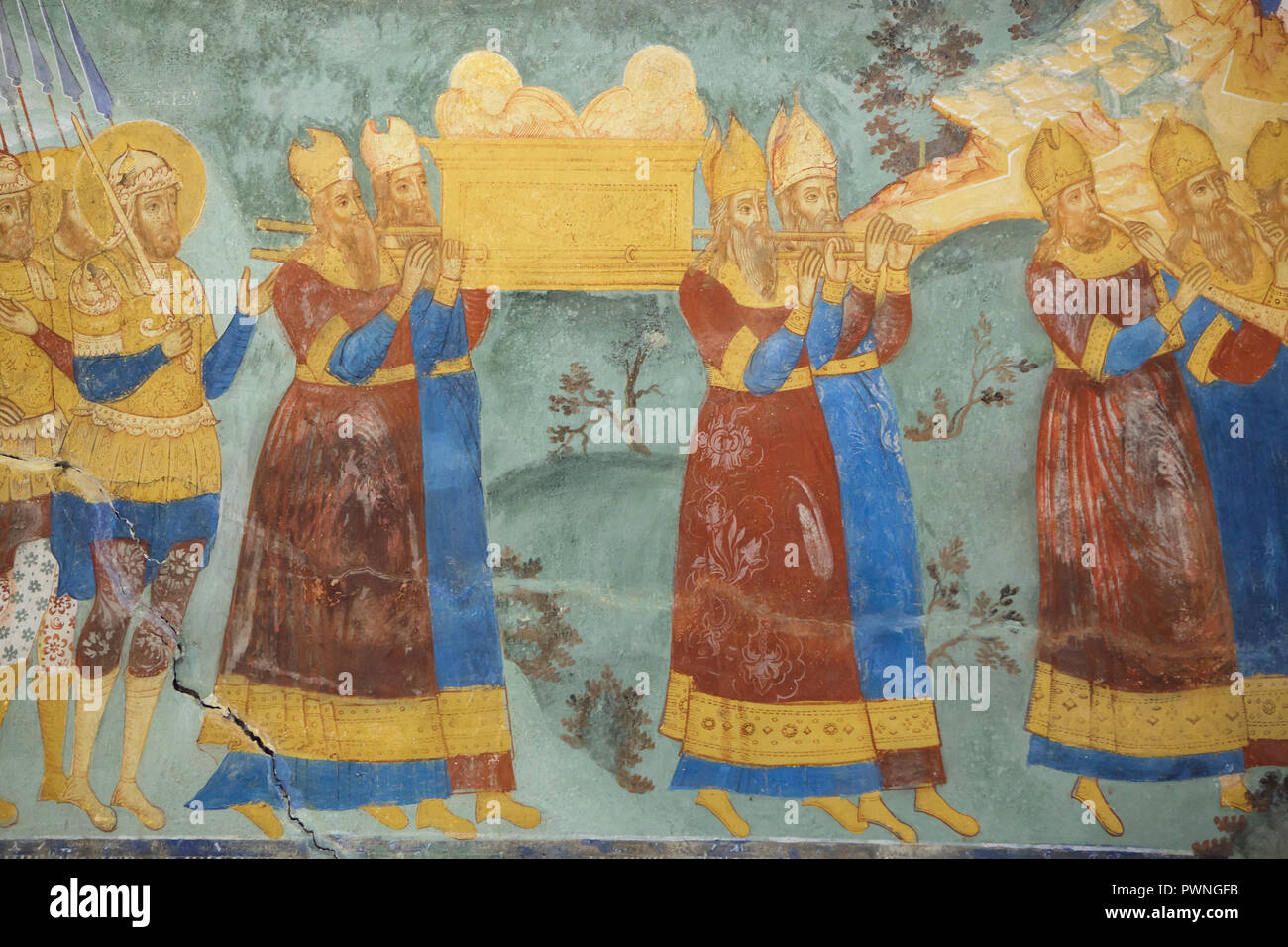 Israelites carrying the Ark of the Covenant during the Battle of Jericho depicted in the fresco by Russian painters Dmitry Plekhanov and Fyodor Ignatyev dated from 1700 in the west gallery (papert) in the Church of Saint John the Baptist at Tolchkovo in Yaroslavl, Russia. Stock Photo