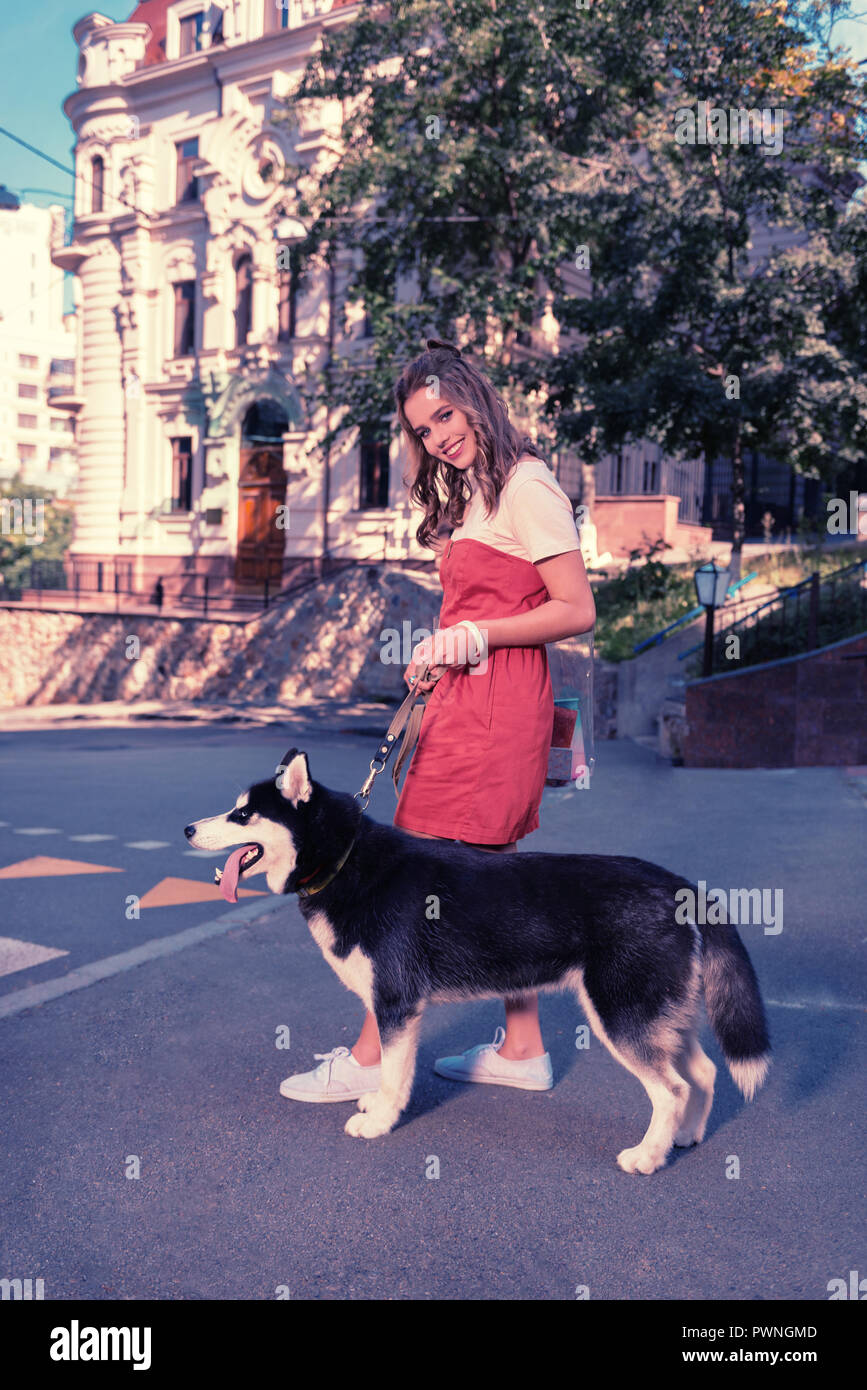 Happy family woman feeling joyful while walking with her black husky dog Stock Photo