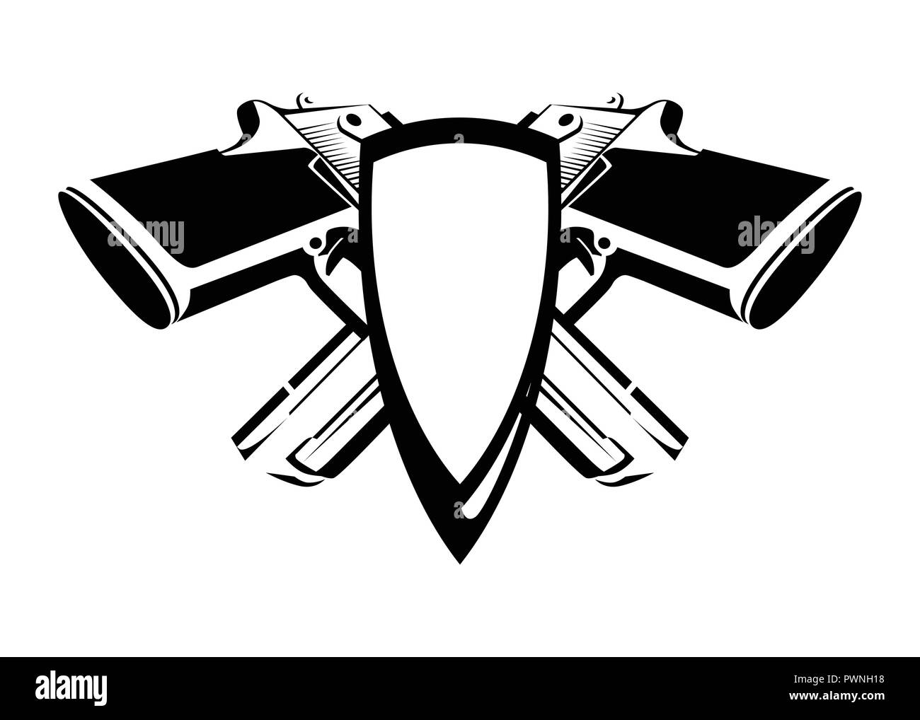 Coat of Arms with Desert Eagle in black and white colors. Vector Shield with weapon on white background. Stock Vector