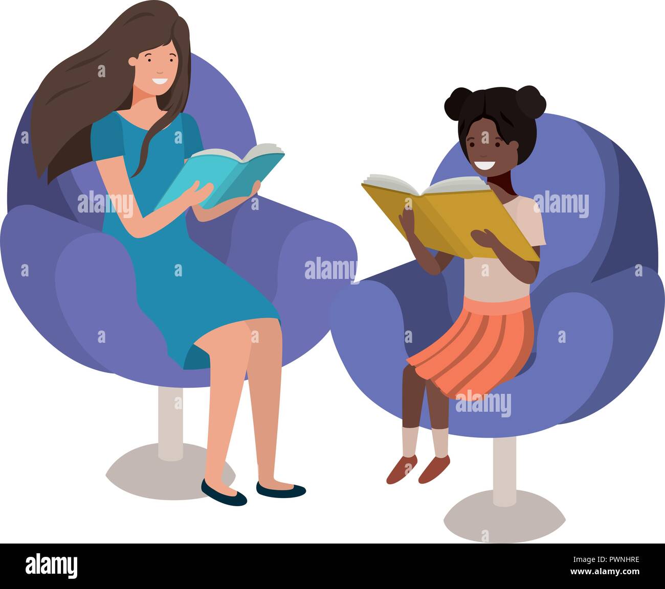 women sitting in sofa with book avatar character Stock Vector Image ...