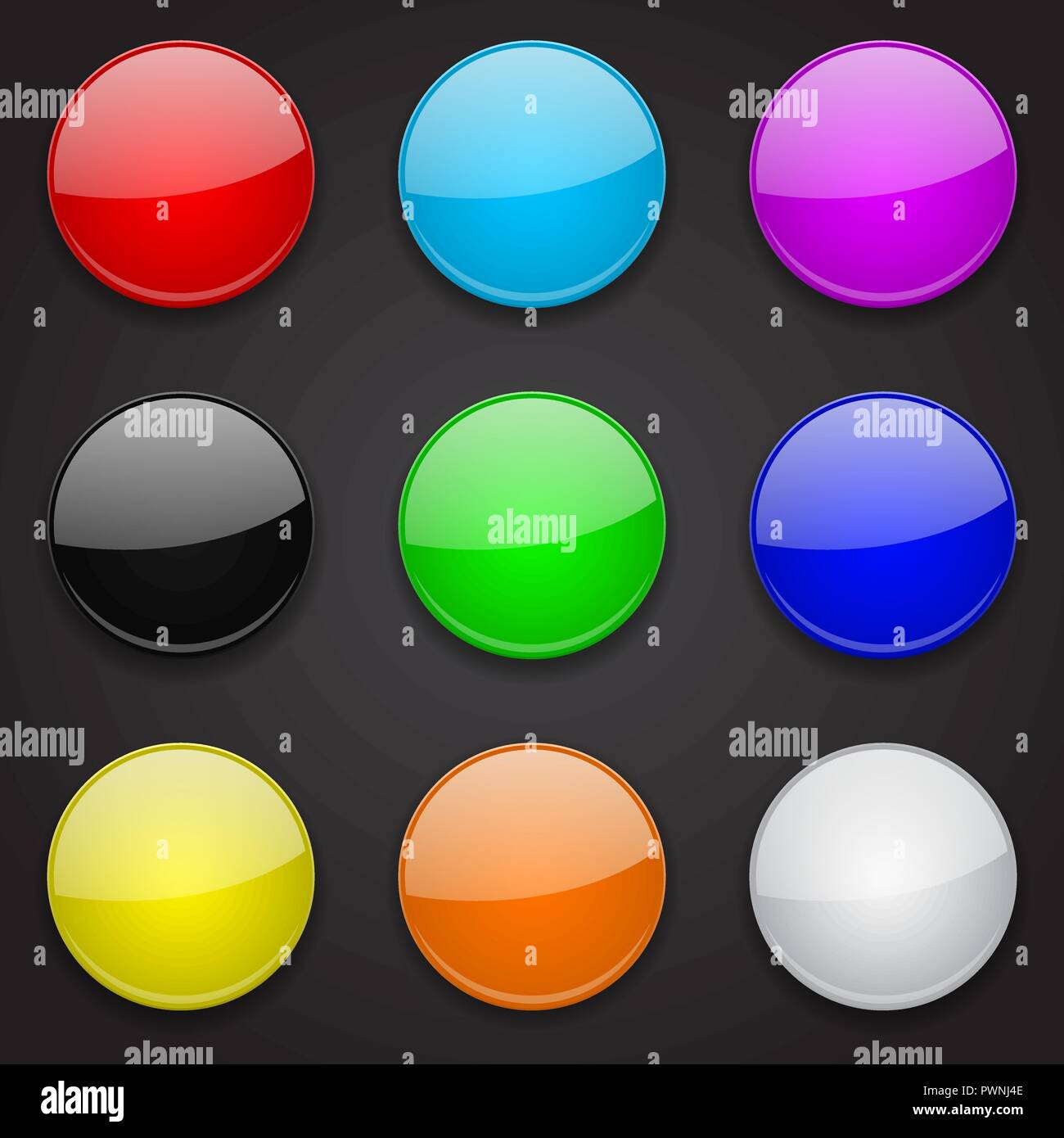Colored glass 3d buttons. Round icons on black background Stock Vector