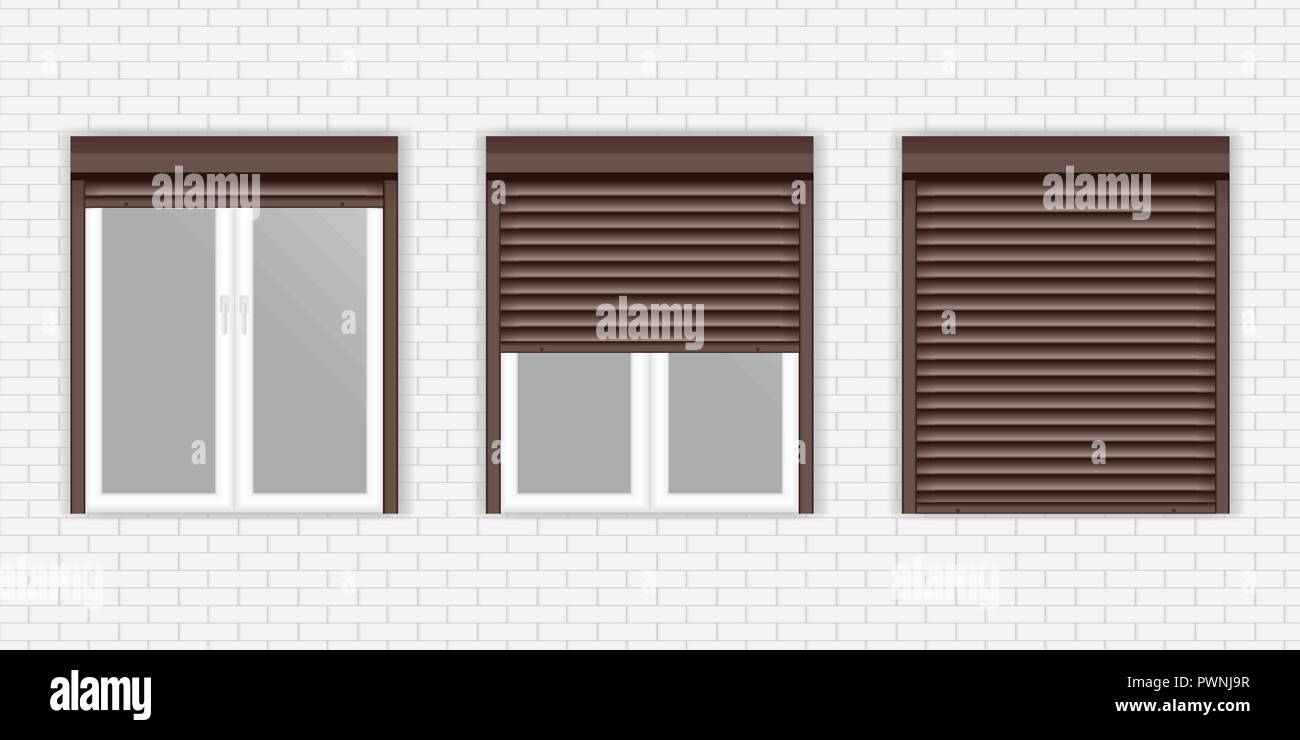 Brown window shutters on gray brick wall Stock Vector