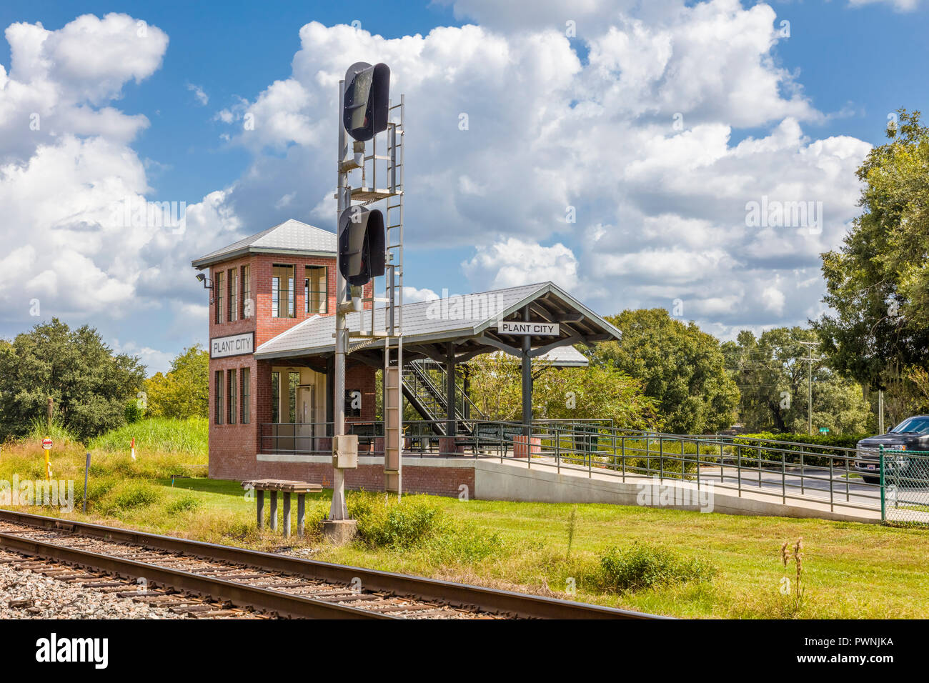 Train Veiwing Platform and railroad tracks at Union Station Depot in Plant City Florida in the United States Stock Photo
