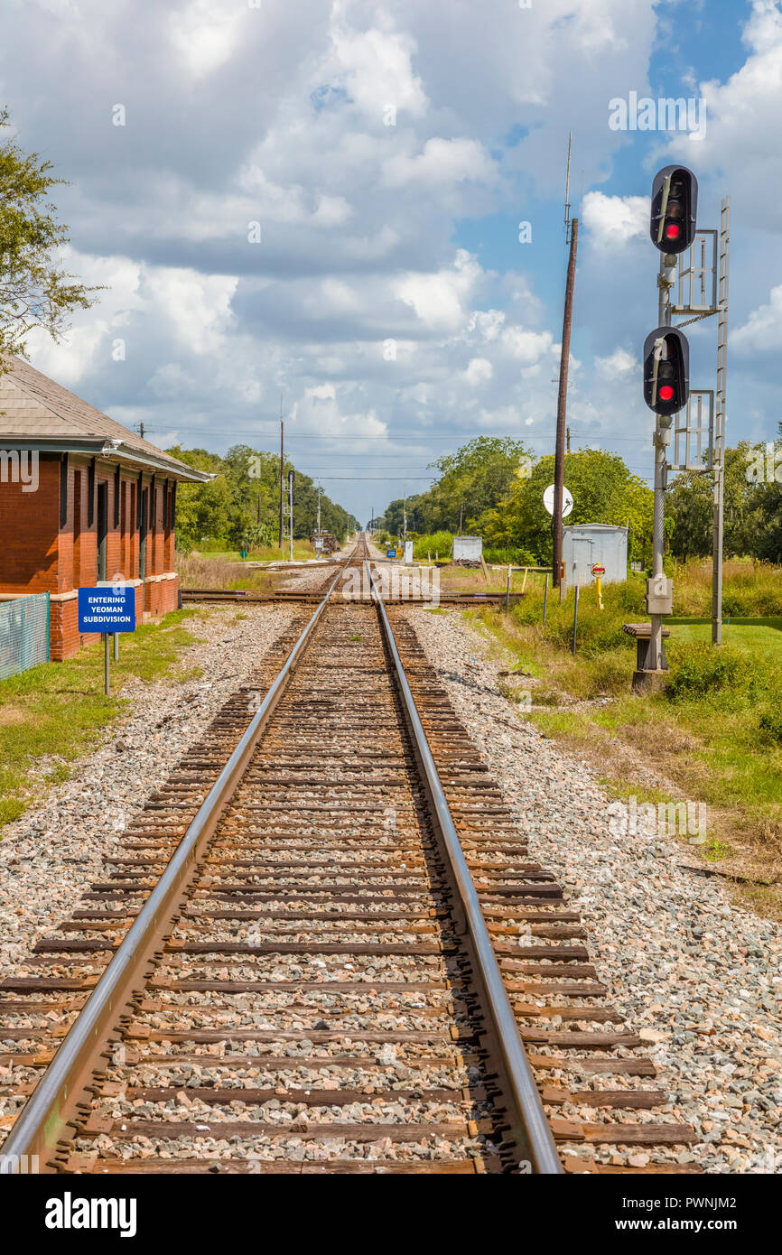 Railroad tracks at the Union Station Depot and Train Veiwing Platform in Plant City Florida in the United States Stock Photo