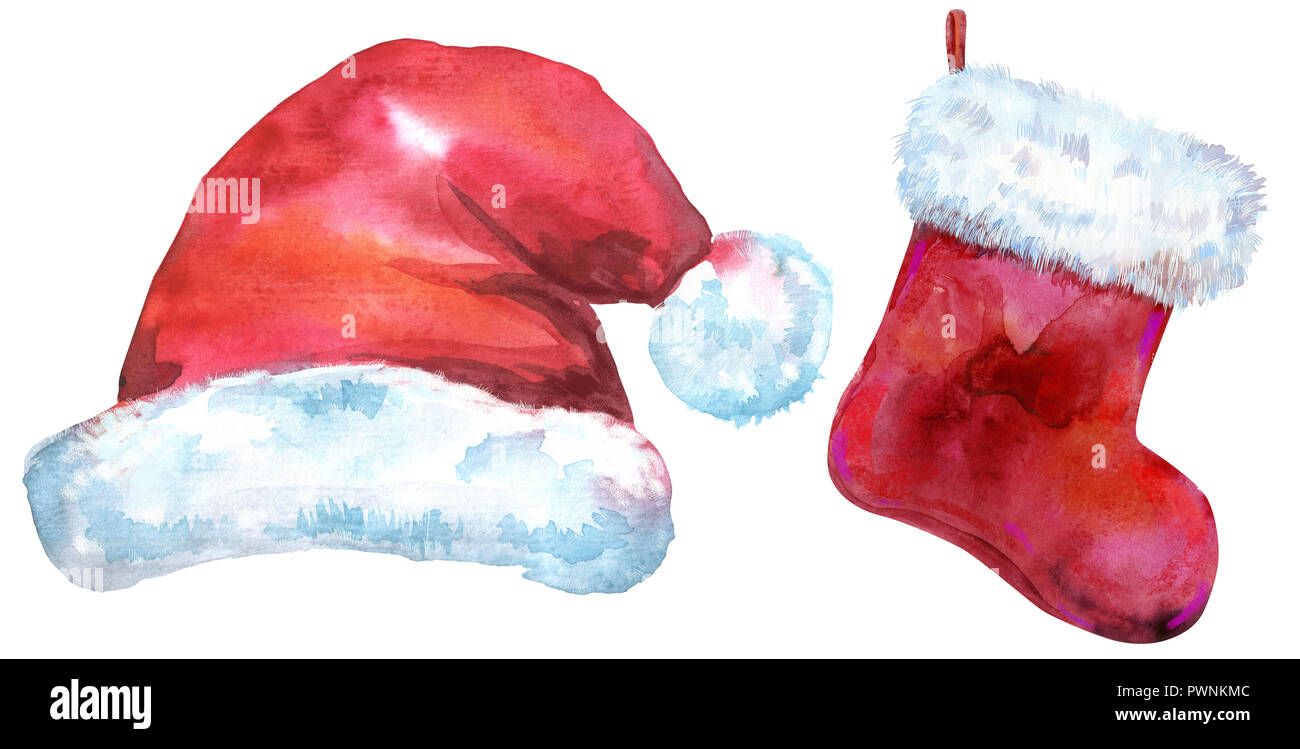 Santa Claus red hat and sock for gif. Watercolor illustration, isolated on white Stock Photo