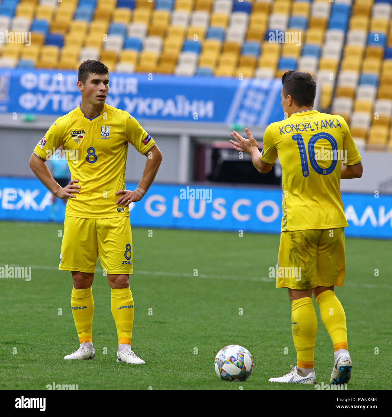 LVIV, UKRAINE - SEPTEMBER 9, 2018: Ruslan Malinovskiy (L) and Yevhen Konoplyanka of Ukraine prepare to perform a free kick during the UEFA Nations Lea Stock Photo