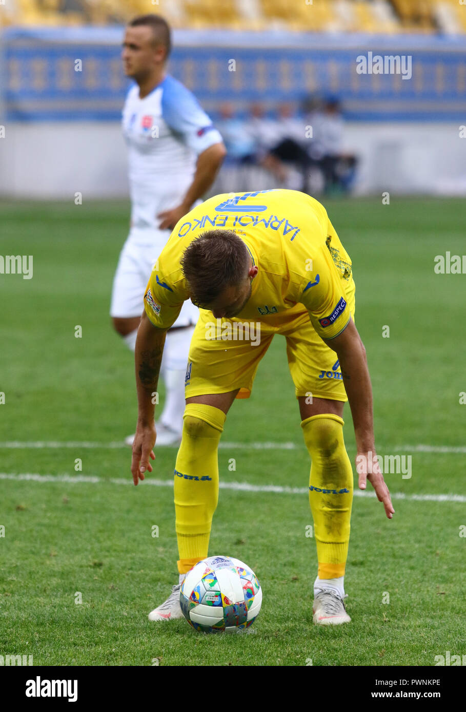 LVIV, UKRAINE - SEPTEMBER 9, 2018: Andriy Yarmolenko of Ukraine prepares to perform a penalty kick during the UEFA Nations League game against Slovaki Stock Photo