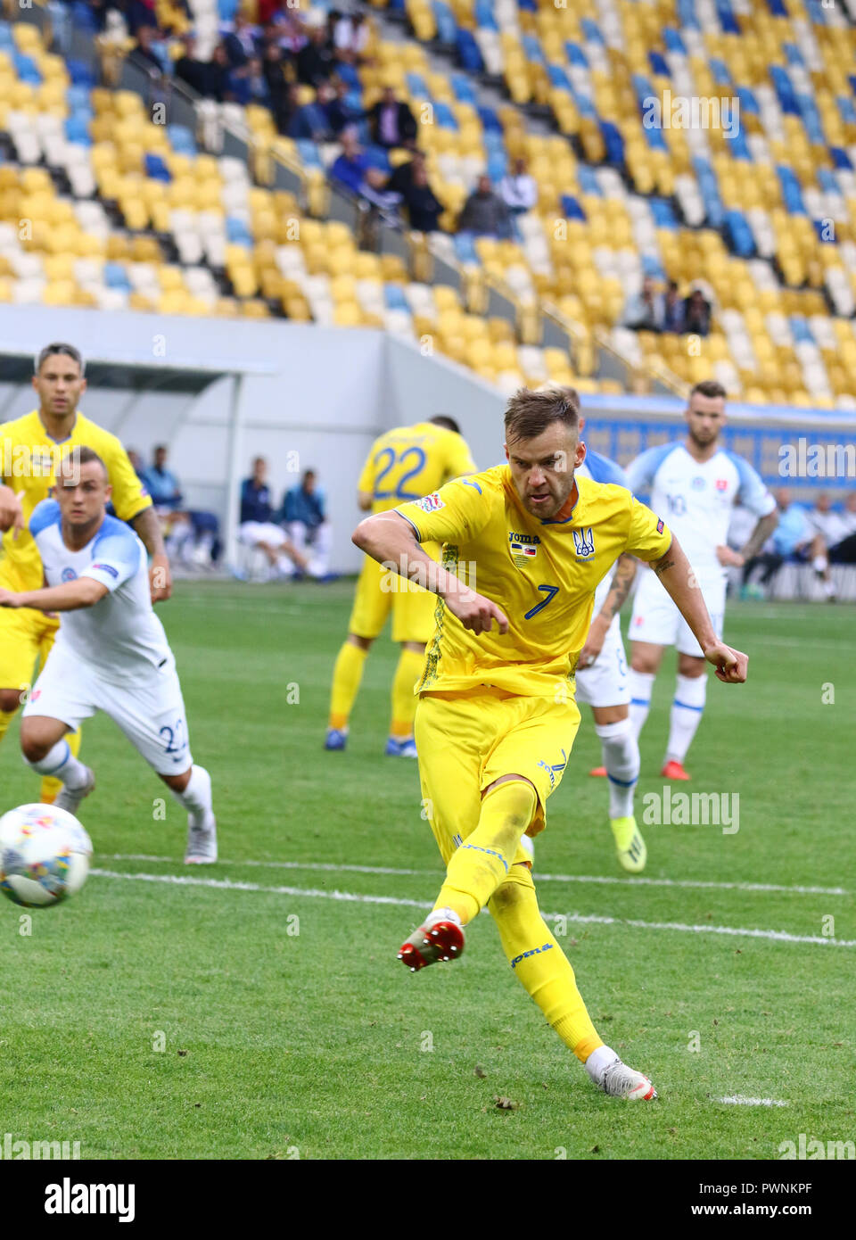 LVIV, UKRAINE - SEPTEMBER 9, 2018: Andriy Yarmolenko of Ukraine scores a penalty kick during the UEFA Nations League game against Slovakia at Arena Lv Stock Photo