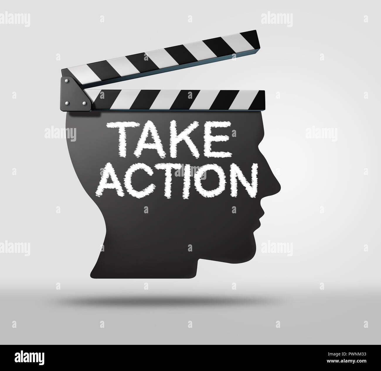 Take action business or life proactive concept as a symbol to dream big or set goals as a movie clapper shaped as a human. Stock Photo
