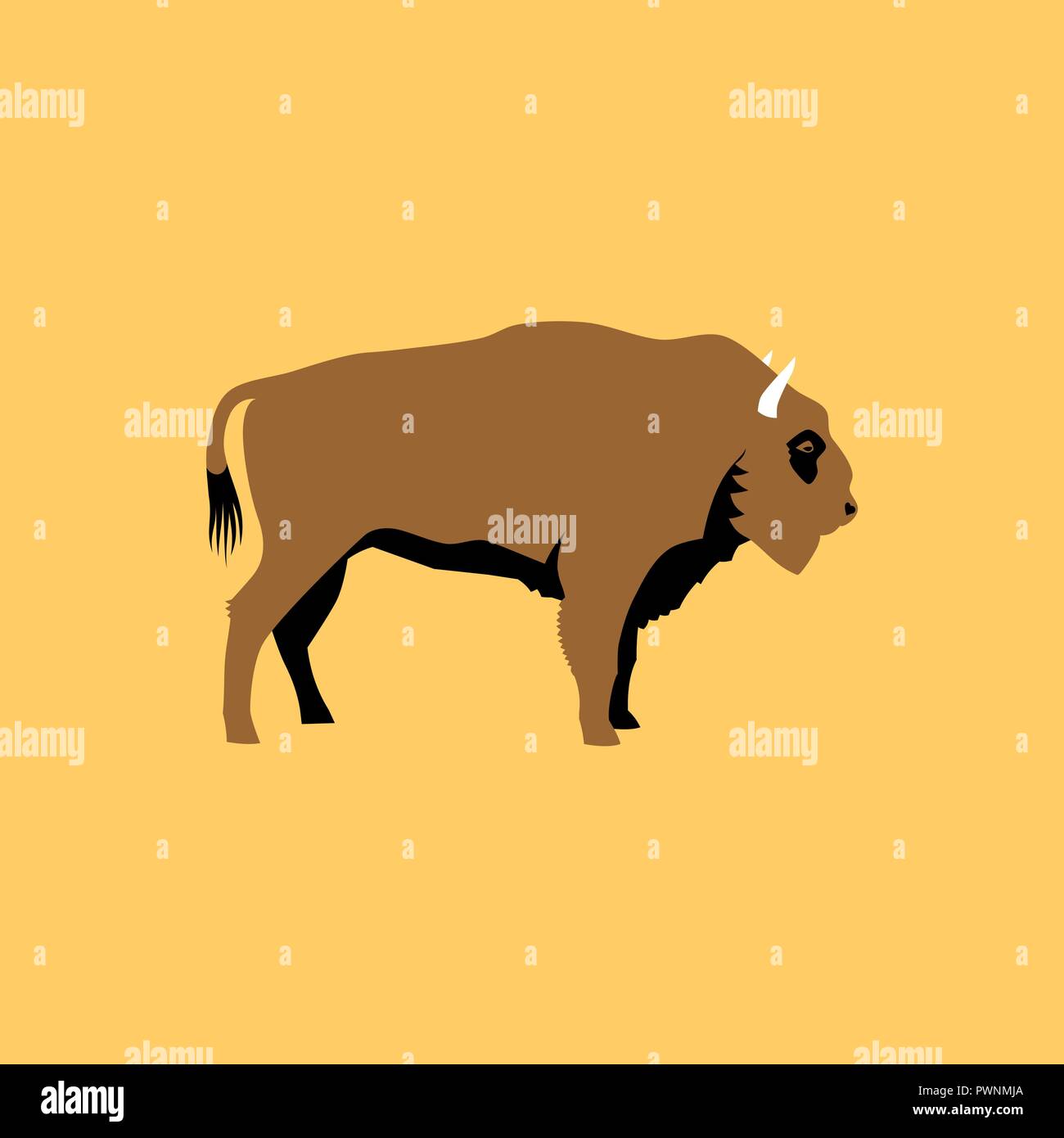 Cute bison vector flat illustration isolated on yellow background. Wild animal character. Stock Vector