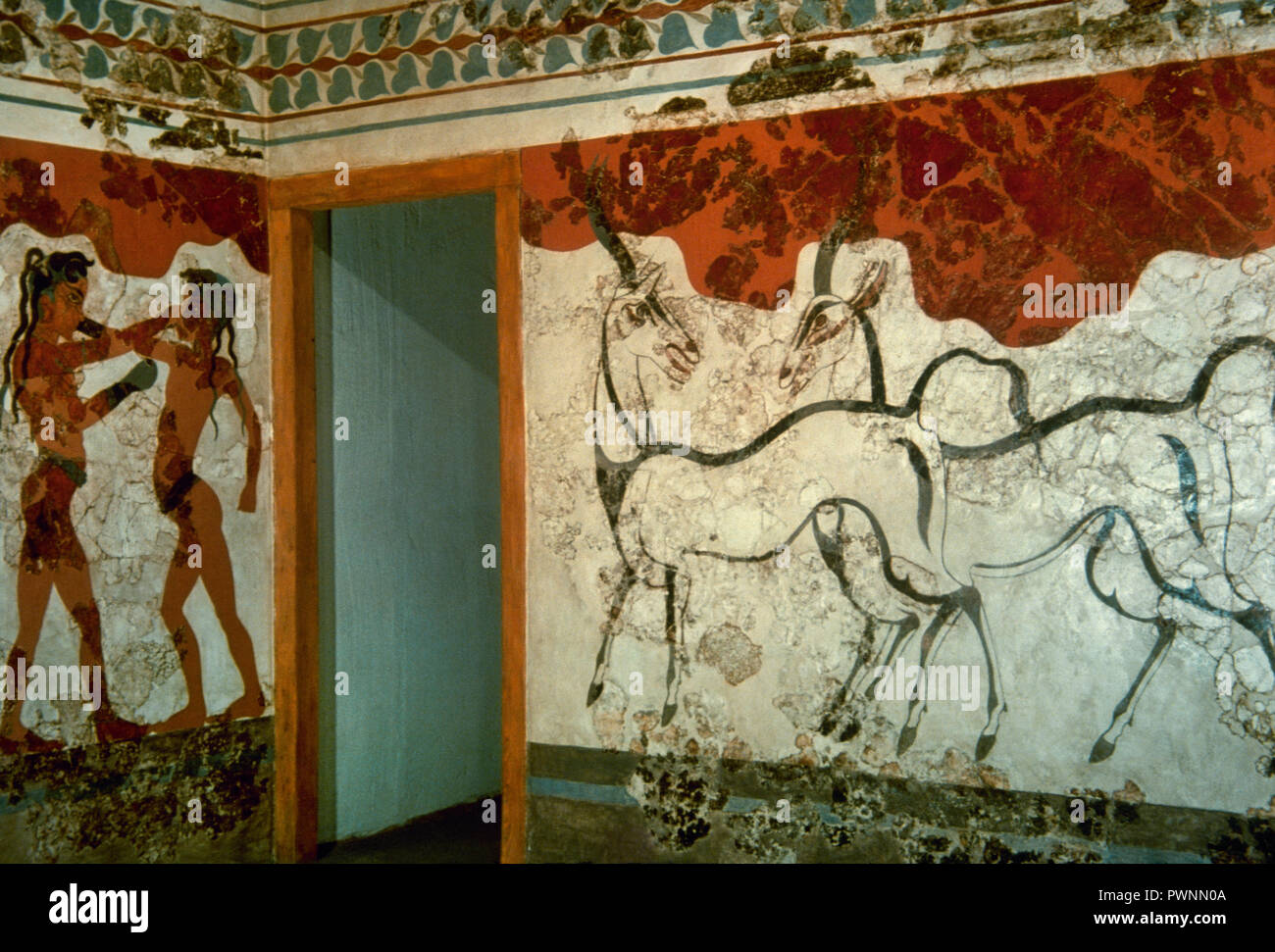 The Boxer and The Antelope fresco. 16th century BC. Room B1. Building B. Detail. Akrotiri, Thera (now Santorini). National Archaeological Museum. Athens, Greece. Stock Photo