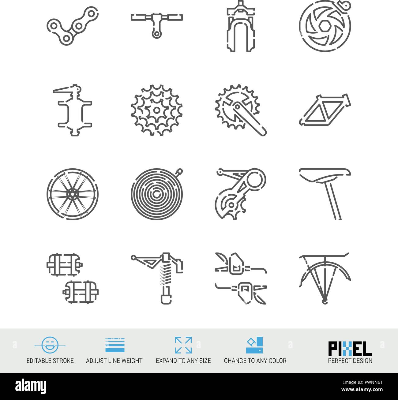 Bicycle Spare Parts Vector Line Icons Set. Bike Shop, Maintenance and Repair Linear Symbols. Pixel Perfect Design. Editable Stroke. Adjust Line Weight
