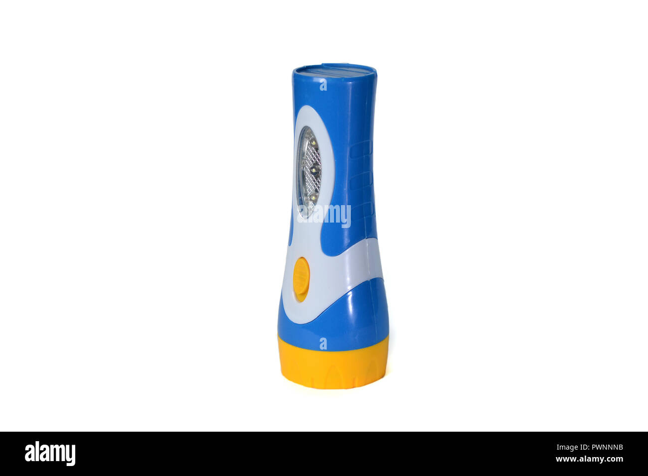 Electric led pocket flashlight with blue and yellow colors. Stock Photo