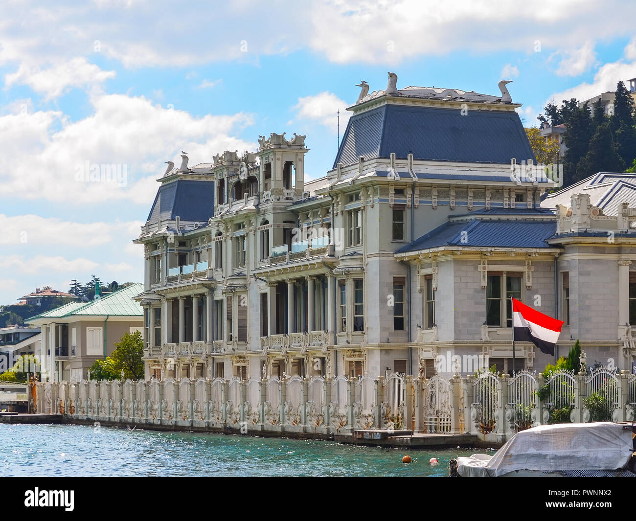 Istanbul, Turkey - September 21, 2018. The consulate of Egypt in Istanbul. Art Nouveau villa on the shores of the Bosphorus with the Egyptian flag Stock Photo