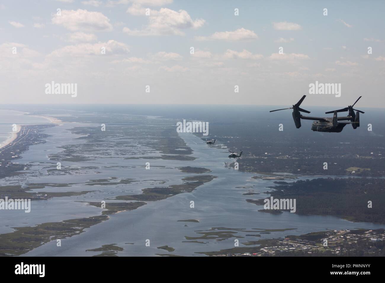 U.S President Donald Trump flying in a V-22 Osprey Aircraft views flooding damage from the air in the aftermath of Hurricane Florence September 19, 2018 near Conway, South Carolina. Florence dumped record amounts of rainfall along the North & South Carolina coast causing widespread flooding. Stock Photo