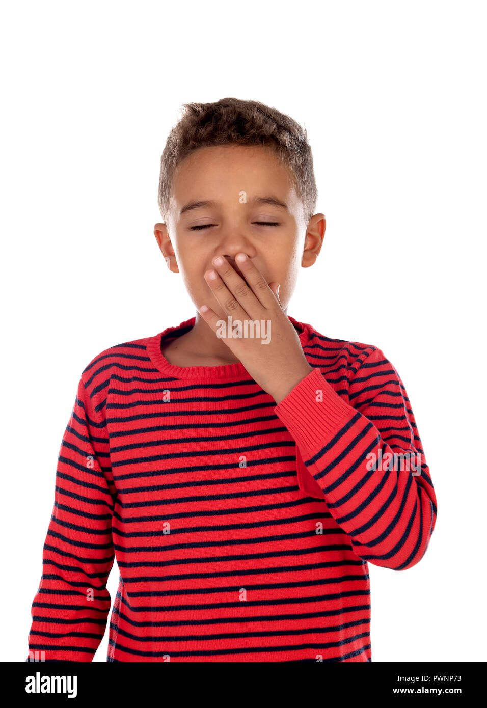 Small boy covering his mouth isolated on a white background Stock Photo
