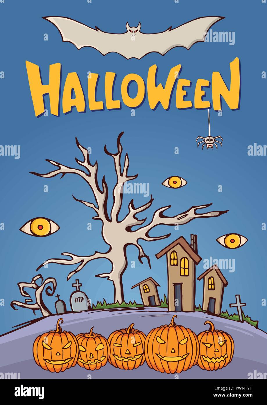 Color cartoon shapes on Halloween theme. Landscape of graveyard with old houses, trees, tombs, crosses, pumpkins, eyes, bat, spider. Handmade vector l Stock Vector
