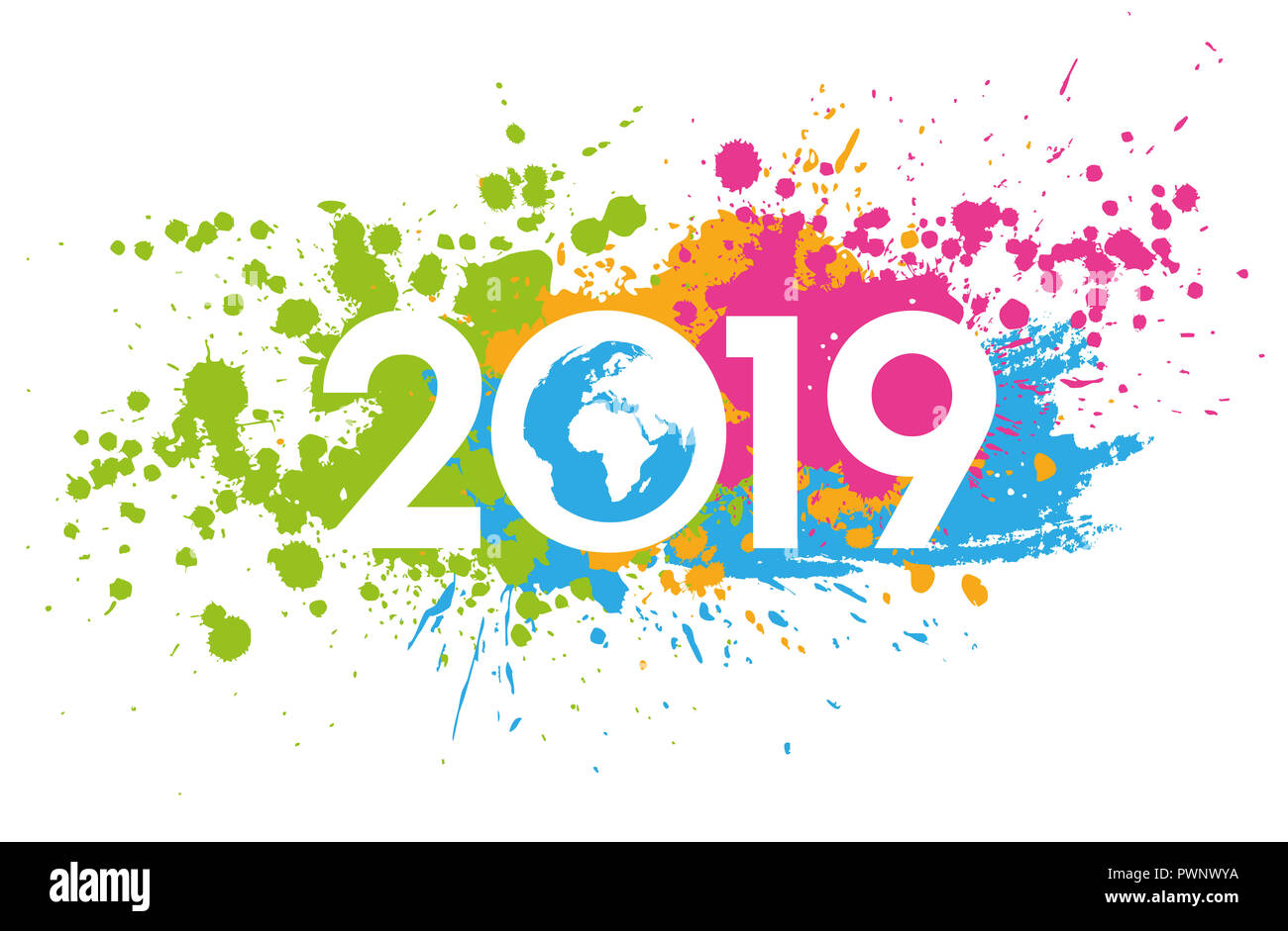 New Year 2019 date painted with colorful stains, world map inside Stock Photo
