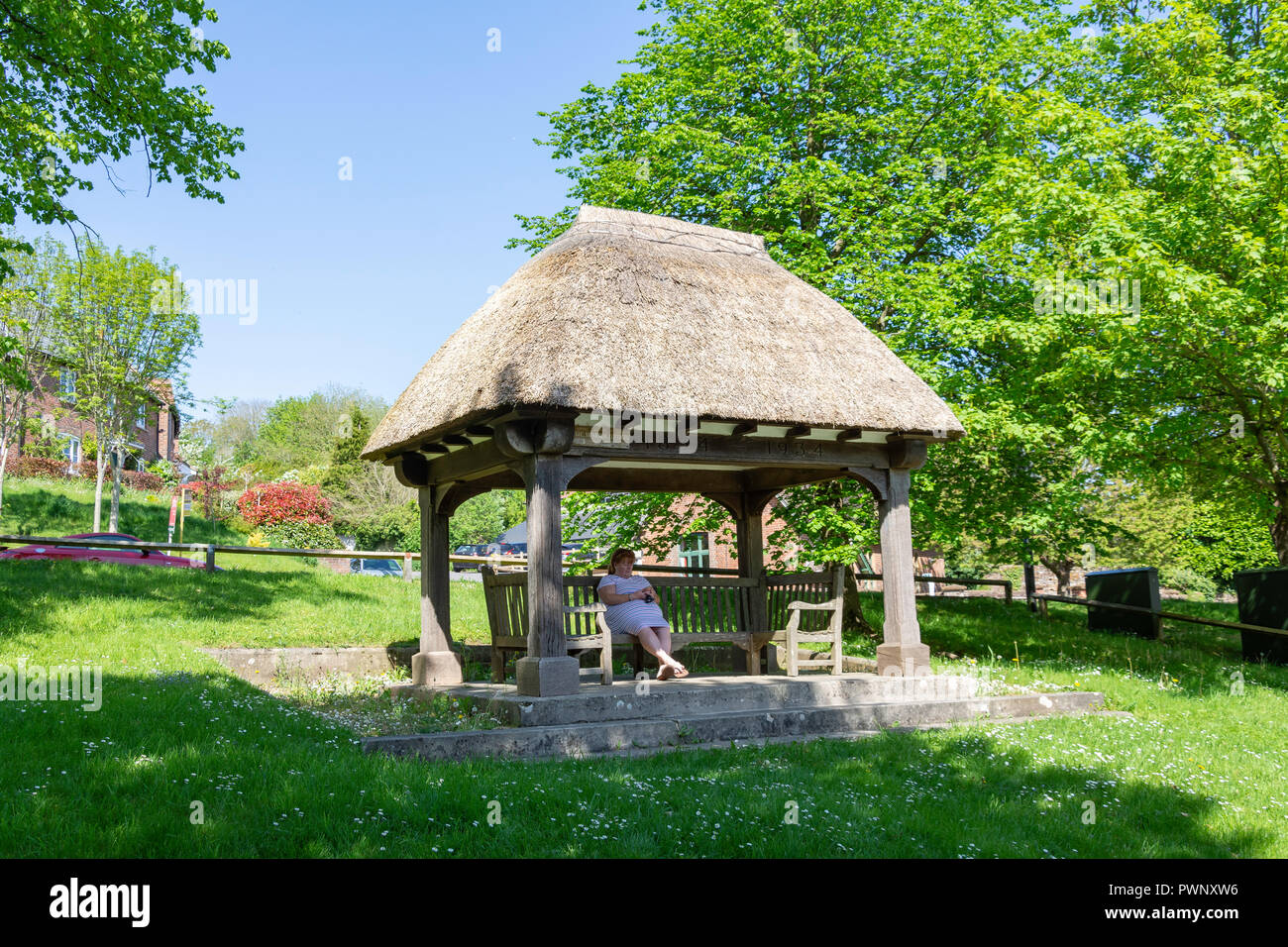 The Martyrs' Tree and Memorial Shelter on The Green, Tolpuddle, Dorset, England, United Kingdom Stock Photo