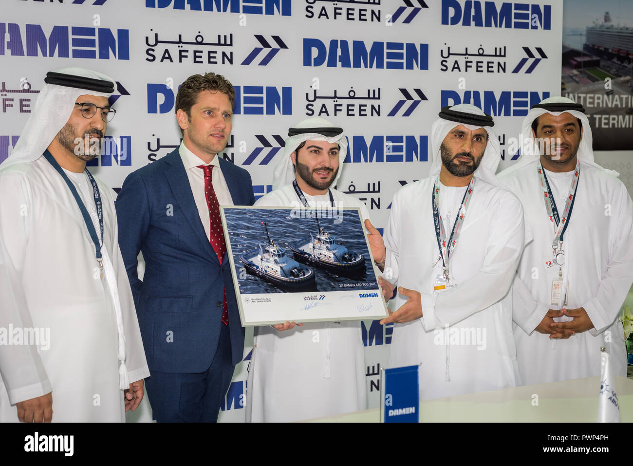 Abu Dhabi National Exhibition Center, UAE -  17th October, 2018: Abu Dhabi International Boat Show 2018 / Capt. Adil Banihammad Acting Cheif Marine Service Officer at Abu Dhabi Ports (SAFEEN) Sign a Deal with DAMEN for Two Tug Boats (ASD TUG 2411) Credit: Fahd Khan/Alamy Live News Stock Photo