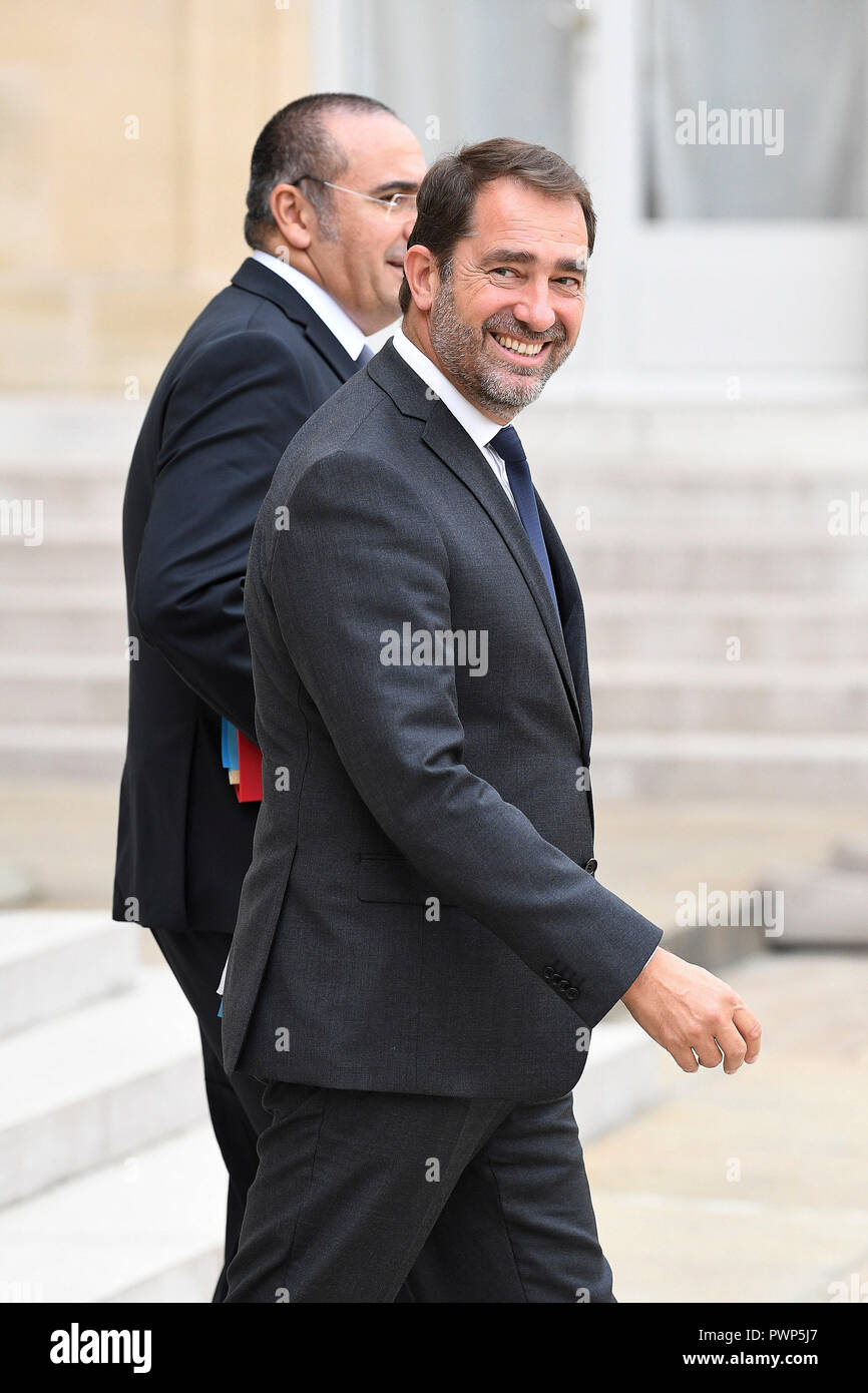 Paris. 17th Oct, 2018. Newly appointed Interior Minister Christophe Castaner  leaves the Elysee Palace after the cabinet meeting in Paris, France on Oct.  17, 2018. French President Emmanuel Macron on Tuesday named