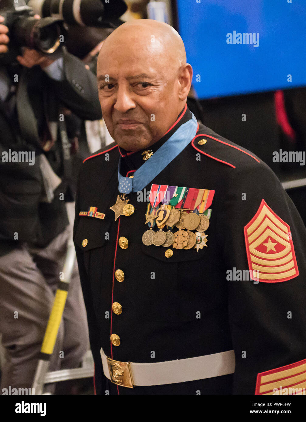 Washington, USA. 17th Oct 2018. Sergeant Major John L. Canley, United States Marine Corps (Retired) departs following the ceremony where US President Donald J. Trump awarded him the Medal of Honor for conspicuous gallantry during the Vietnam War in a ceremony in the East Room of the the White House in Washington, DC on Wednesday, October 17, 2018. Credit: Ron Sachs/CNP/MediaPunch Credit: MediaPunch Inc/Alamy Live News Stock Photo