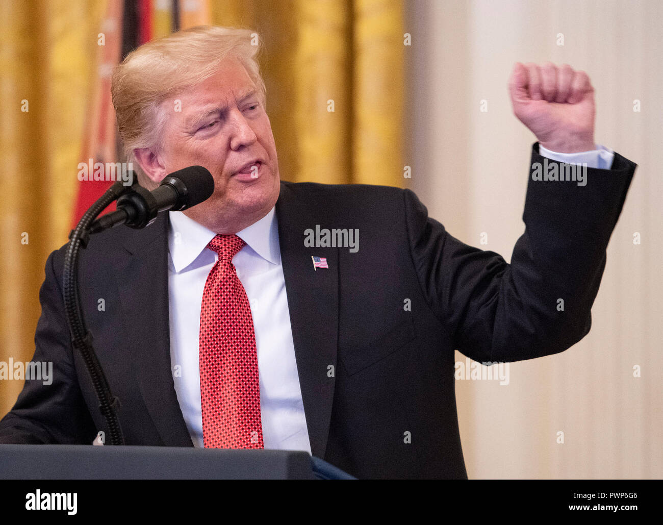 Washington, USA. 17th Oct 2018. United States President Donald J. Trump makes remarks as he awards the Medal of Honor to Sergeant Major John L. Canley, United States Marine Corps (Retired), for conspicuous gallantry during the Vietnam War in a ceremony in the East Room of the the White House in Washington, DC on Wednesday, October 17, 2018. Credit: Ron Sachs/CNP/MediaPunch Credit: MediaPunch Inc/Alamy Live News Stock Photo
