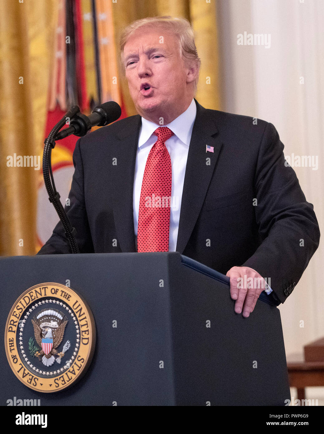 Washington, USA. 17th Oct 2018. United States President Donald J. Trump makes remarks as he awards the Medal of Honor to Sergeant Major John L. Canley, United States Marine Corps (Retired), for conspicuous gallantry during the Vietnam War in a ceremony in the East Room of the the White House in Washington, DC on Wednesday, October 17, 2018. Credit: Ron Sachs/CNP/MediaPunch Credit: MediaPunch Inc/Alamy Live News Stock Photo