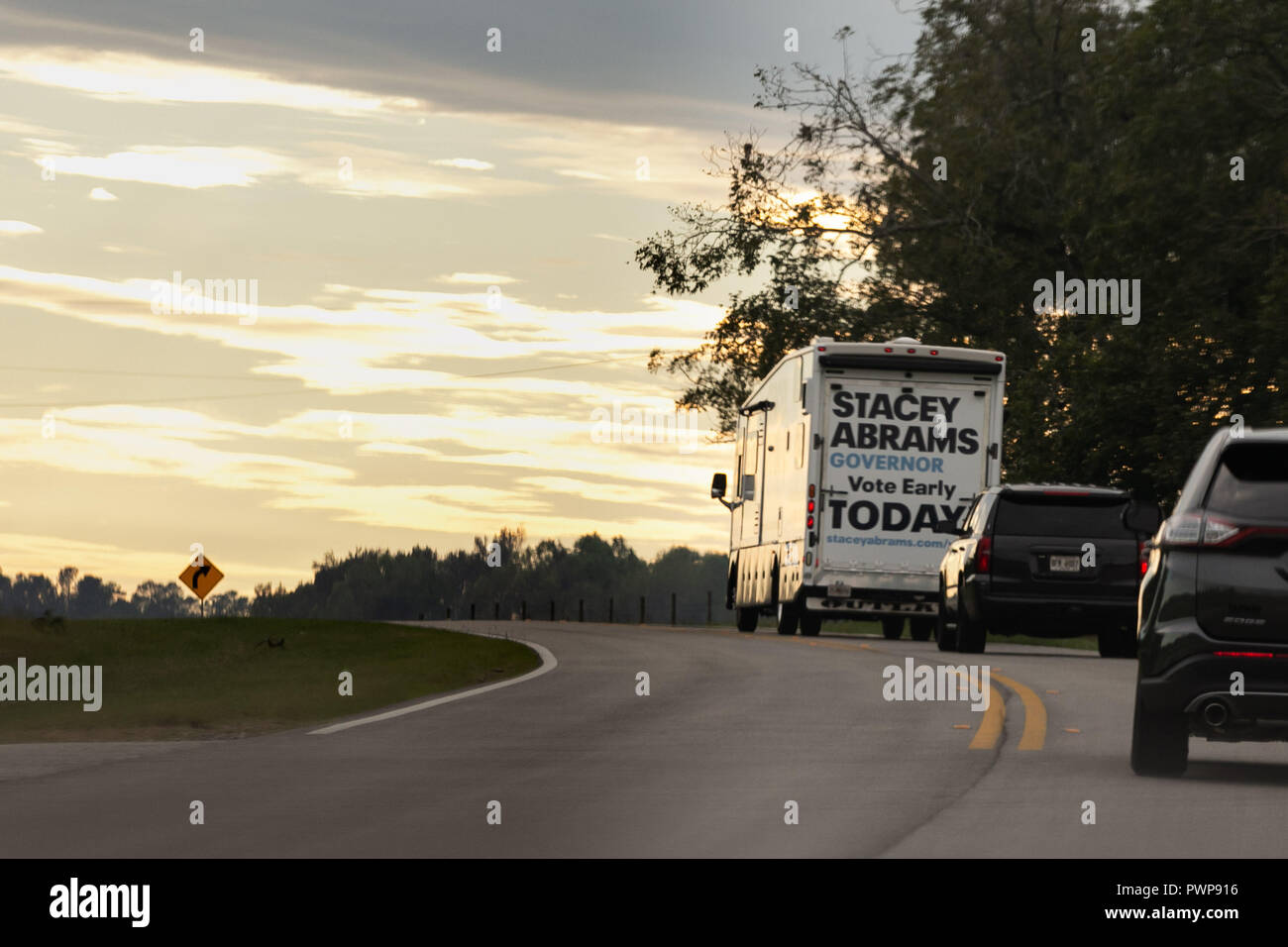 Thompson, Georgia, USA. 17th Oct 2018. Stacey Abrams bus travels through rural Georgia on October 17th. She is traveling the state encourages folks to vote early. Credit: Cindy Brown/Alamy Live News Stock Photo