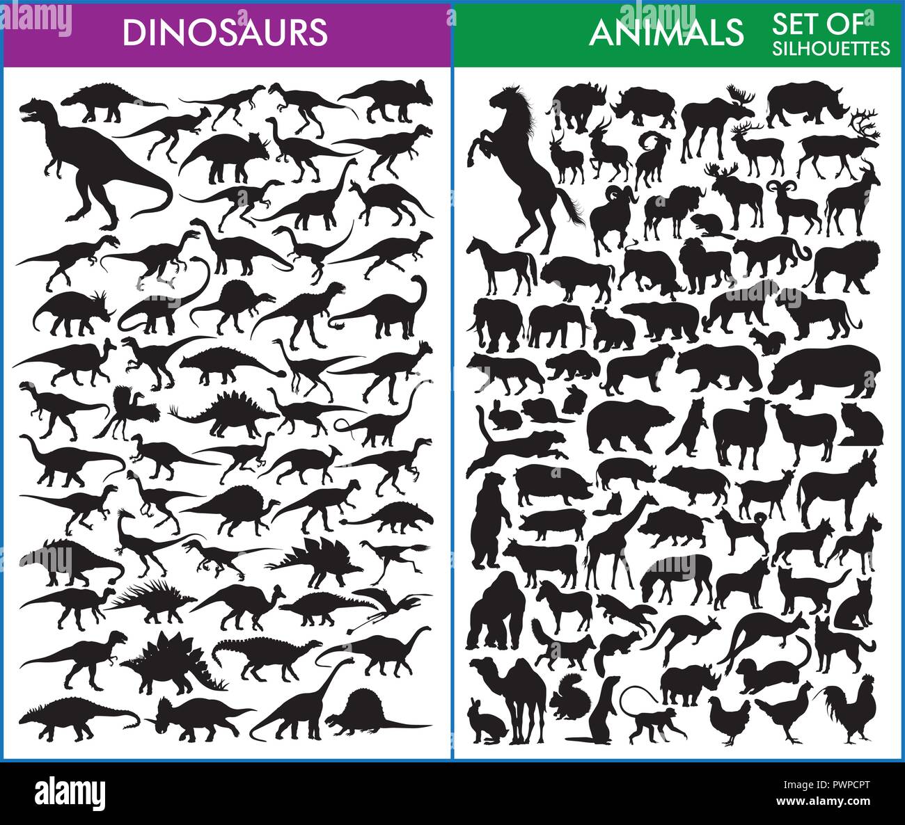 large vector set of silhouettes of various animals and dinosaurs Stock Vector