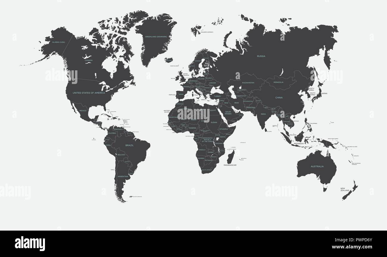 Black and white large political map of the world vector illustration Stock Vector