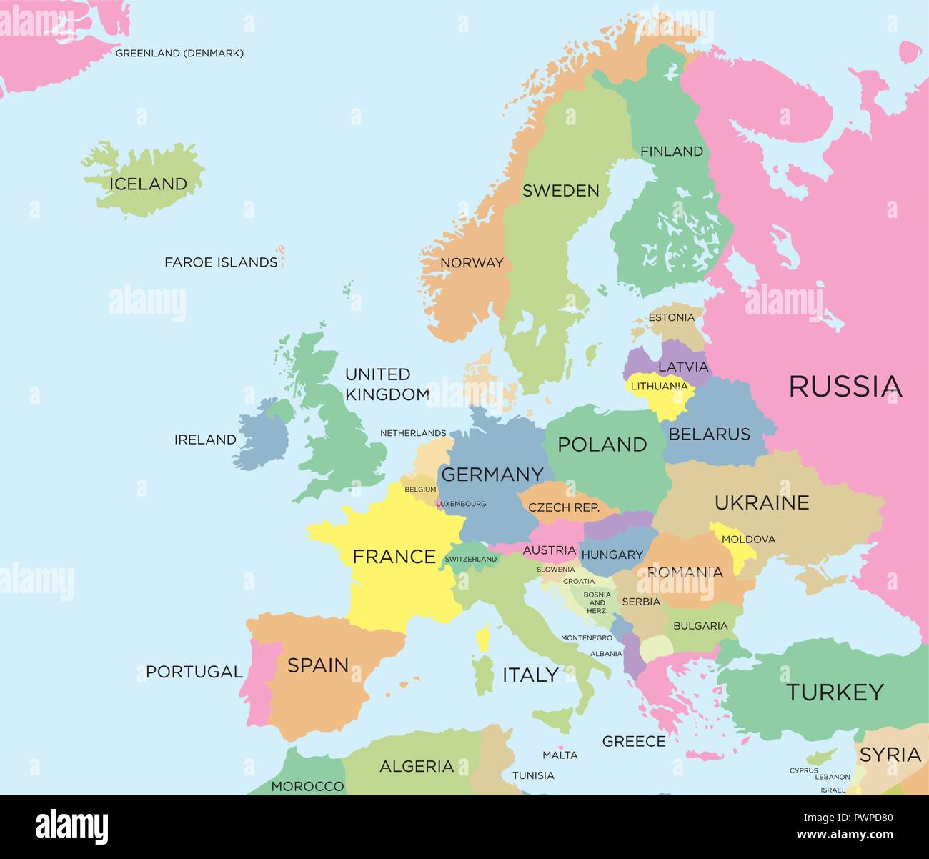 Coloured political map of Europe detailed vector illustration Stock Vector