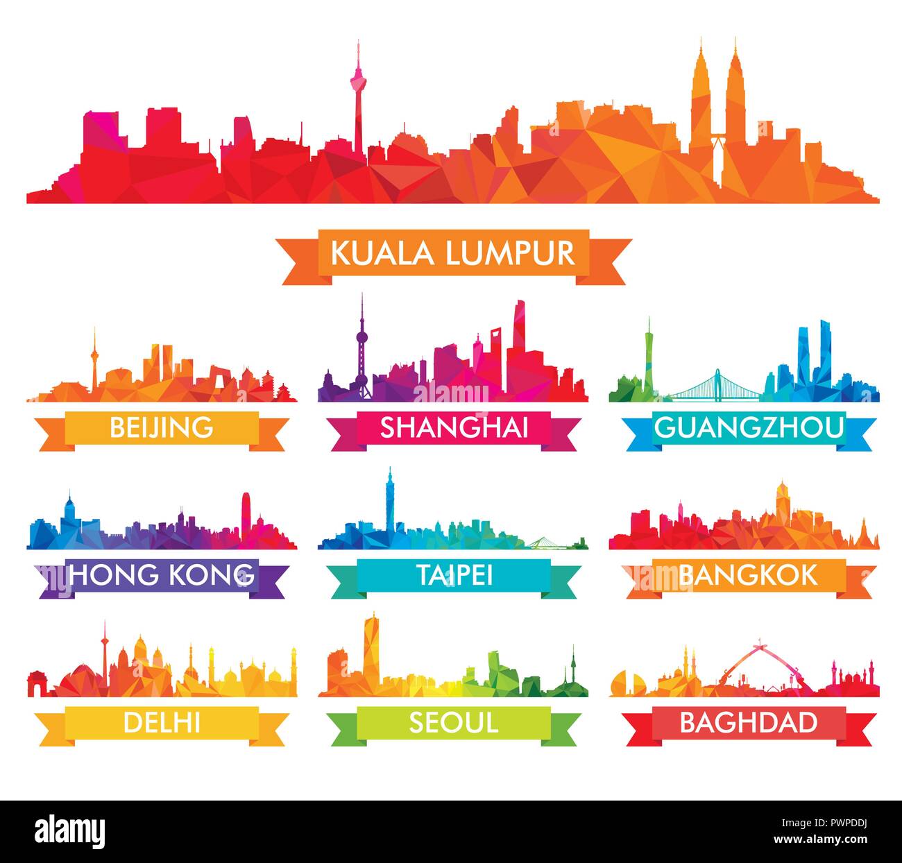 Colorful Skyline of Asian Cities big set of vector city silhouettes Stock Vector
