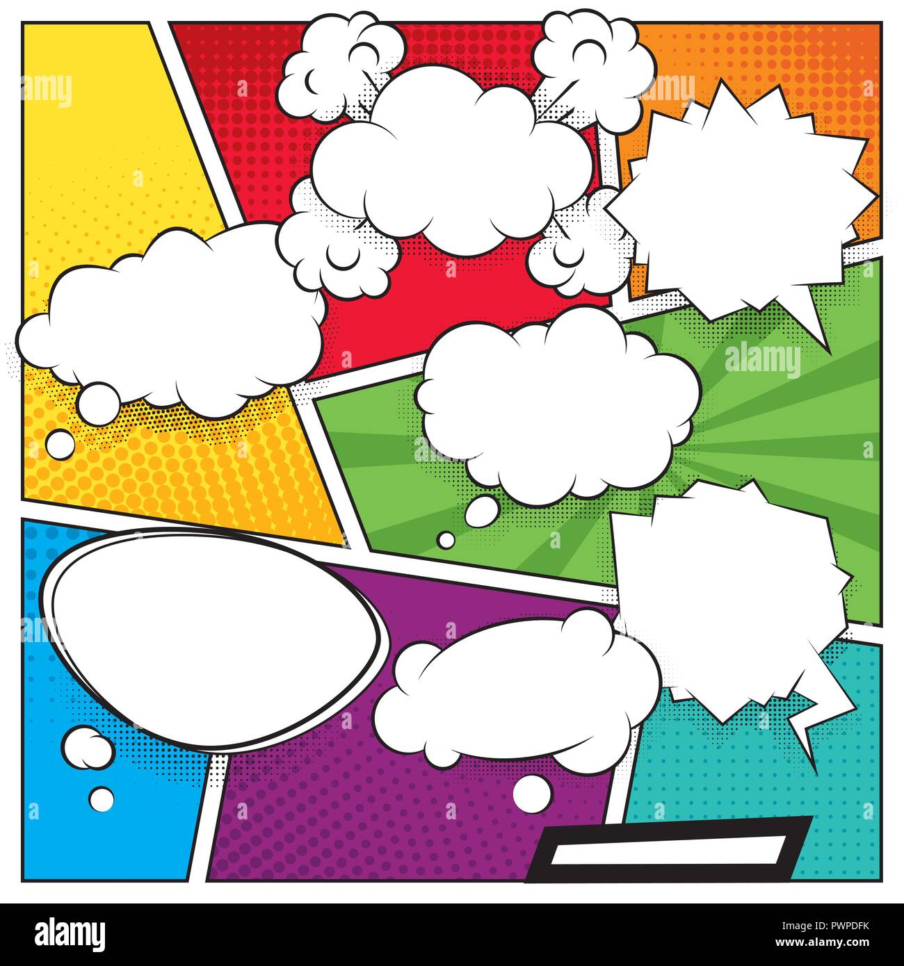 Comic speech bubbles and colored halftone backgrounds template for your design Stock Vector
