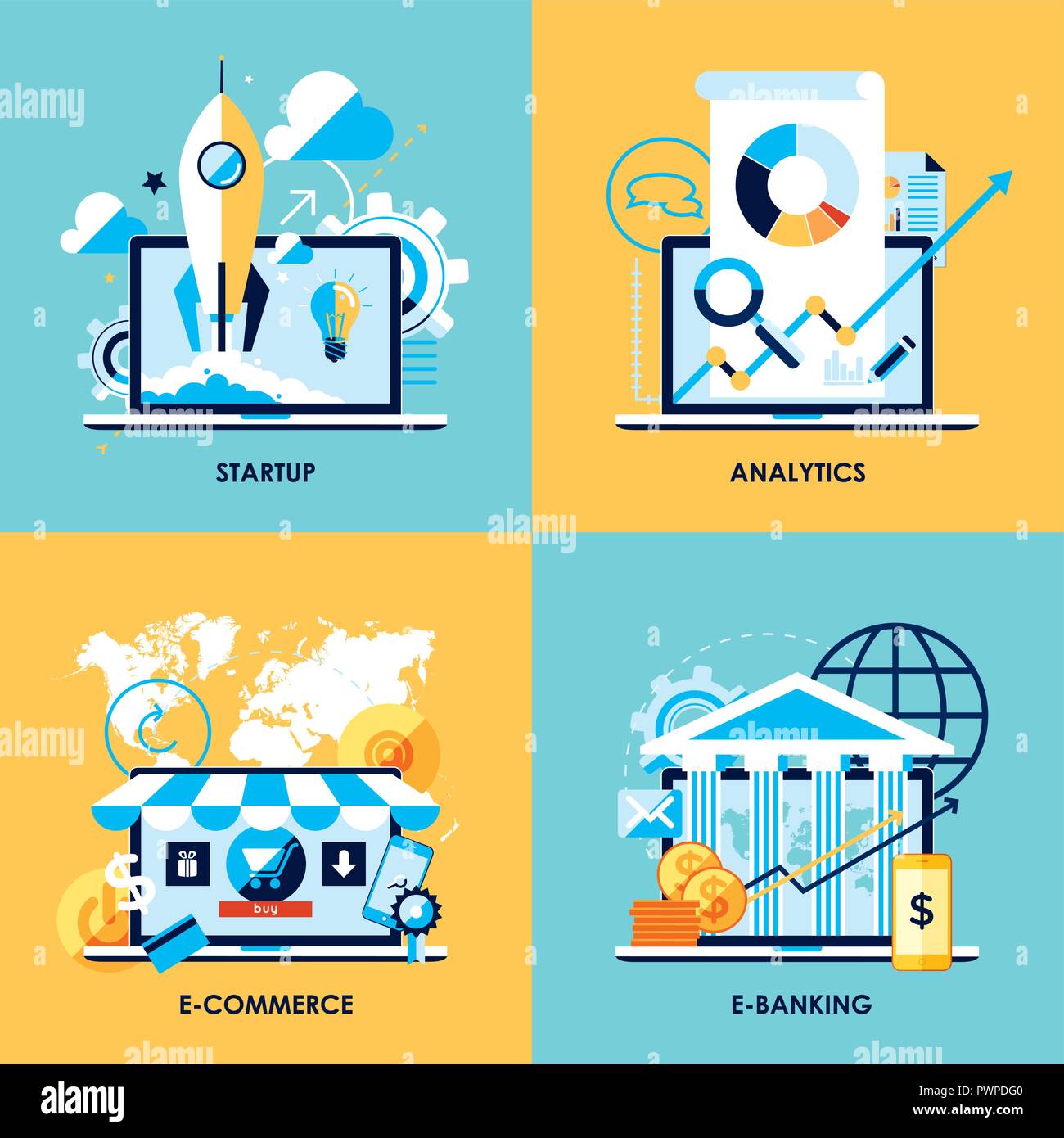 Flat design concepts for startup, analytics, e-commerce and e-banking business vector illustration for presentations Stock Vector