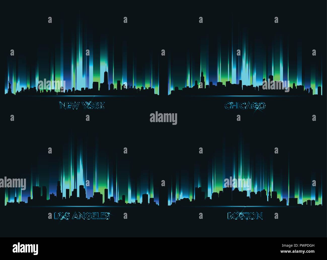 Neon skyline American cities set of vector city silhouettes Stock Vector