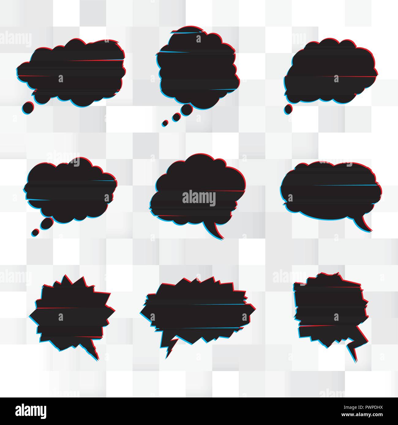 Vector set of black speech bubbles in the style of a glitch template for your design Stock Vector