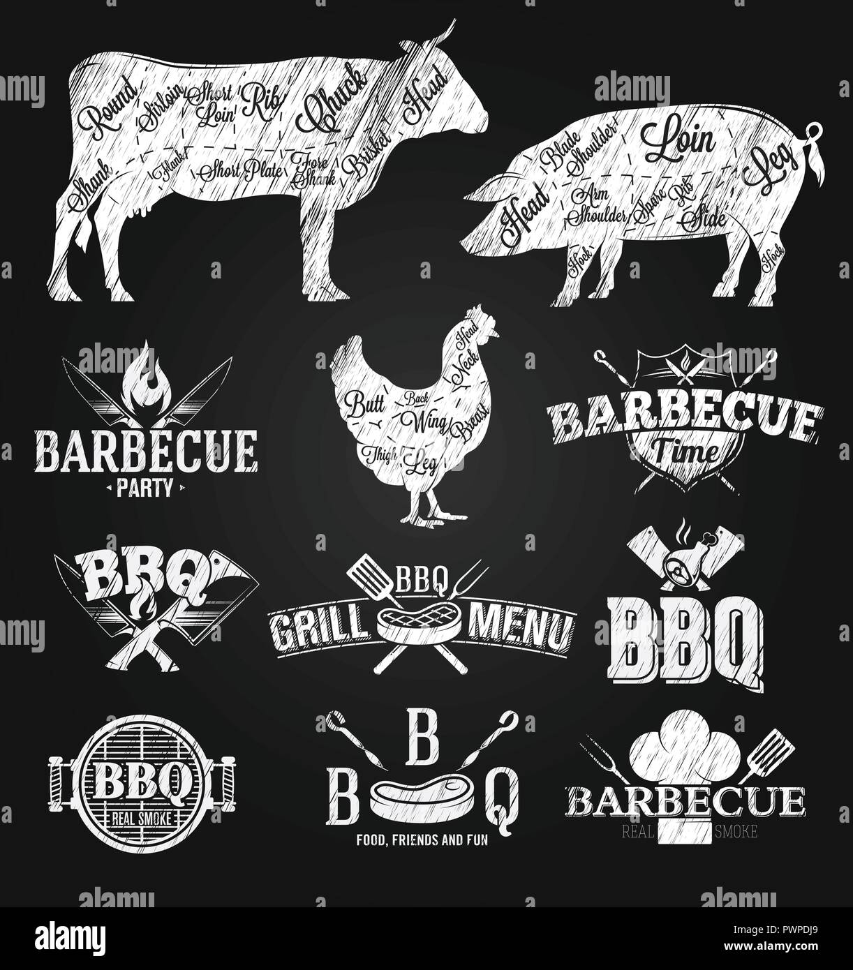 BBQ Emblems and Logos chalk drawing template for your logo design Stock Vector