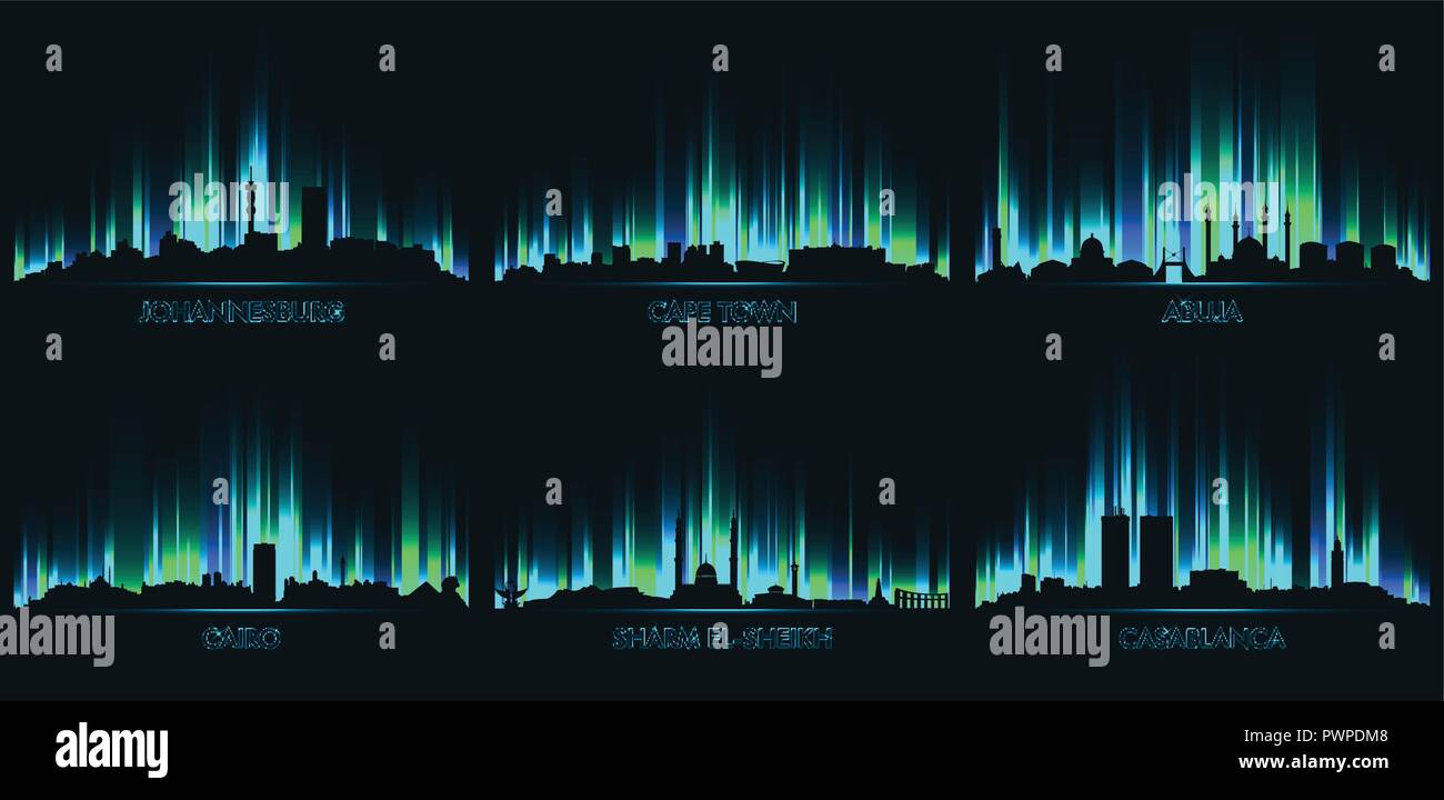 Neon city skyline Johannesburg, Cape Town, Abuja, Cairo, Sharm El Sheikh, Casablanca set of vector city silhouettes Stock Vector