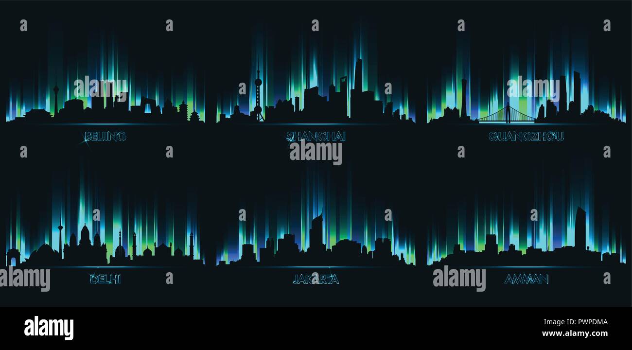 Neon city skyline, Beijing, Shanghai, Guangzhou, Delhi, Jakarta, Amman set of vector city silhouettes Stock Vector