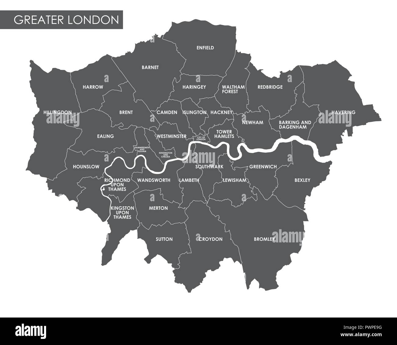 Vector Greater London administrative map detailed plan of the city, districts and neighborhoods Stock Vector