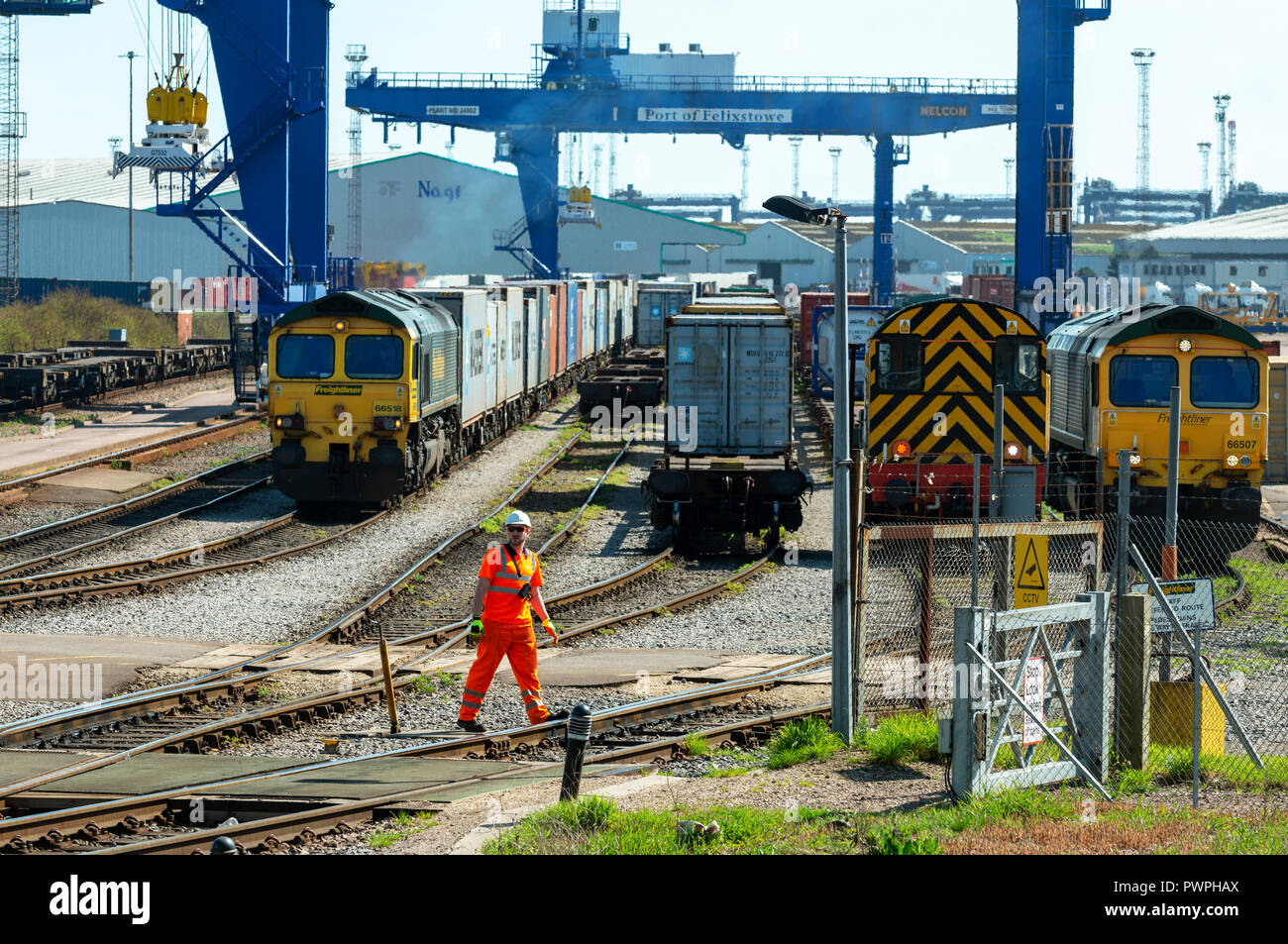 Railway container terminal, port of Felixstowe, Suffolk, UK. Stock Photo