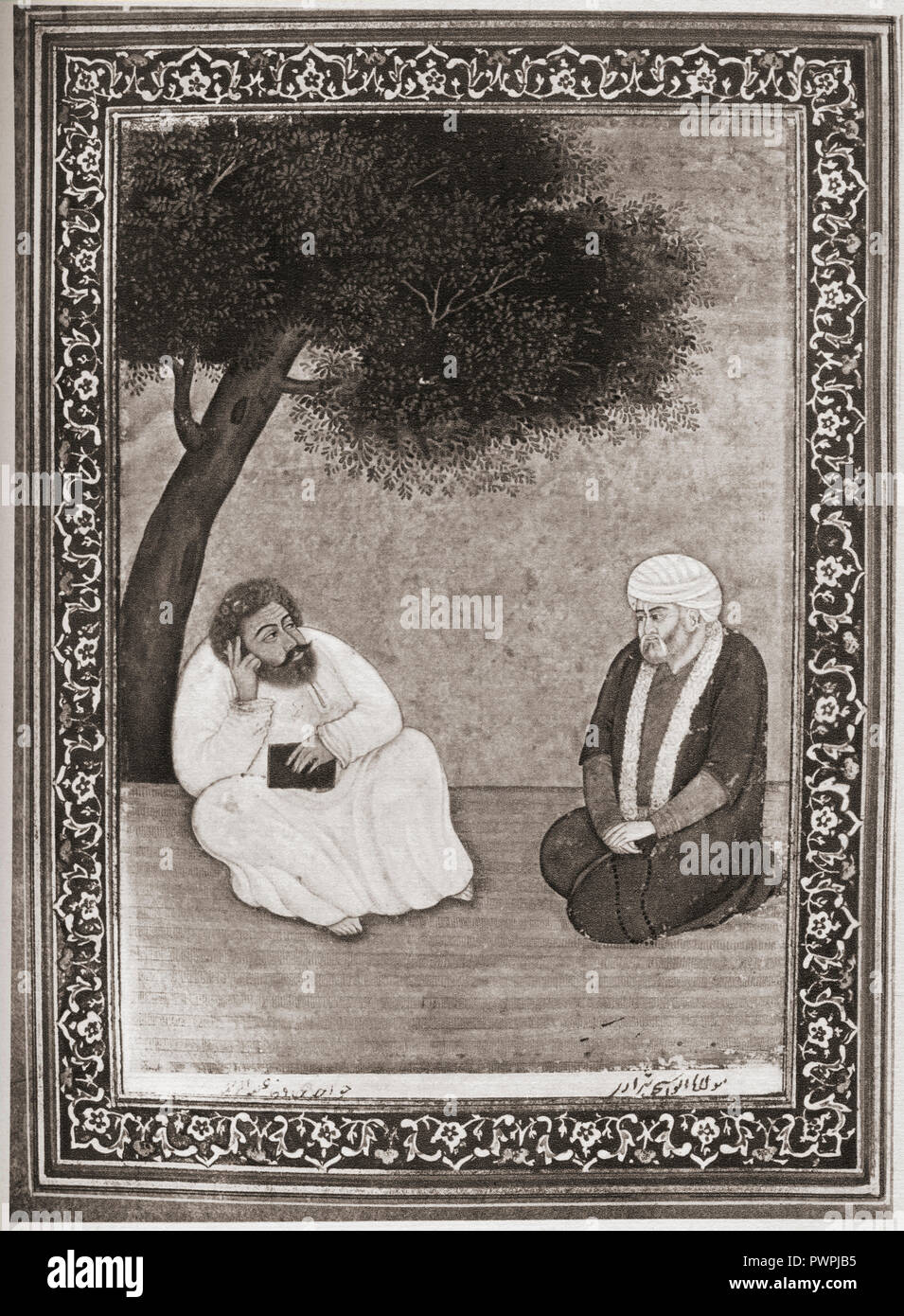 Hâfiz de Chiraz, left, in conversation with the king Abu Ishaq Indjou, right.  Khwāja Shams-ud-Dīn Muḥammad Ḥāfeẓ-e Shīrāzī, aka Hafez or Hafiz, 1315-1390.  Persian poet. Stock Photo
