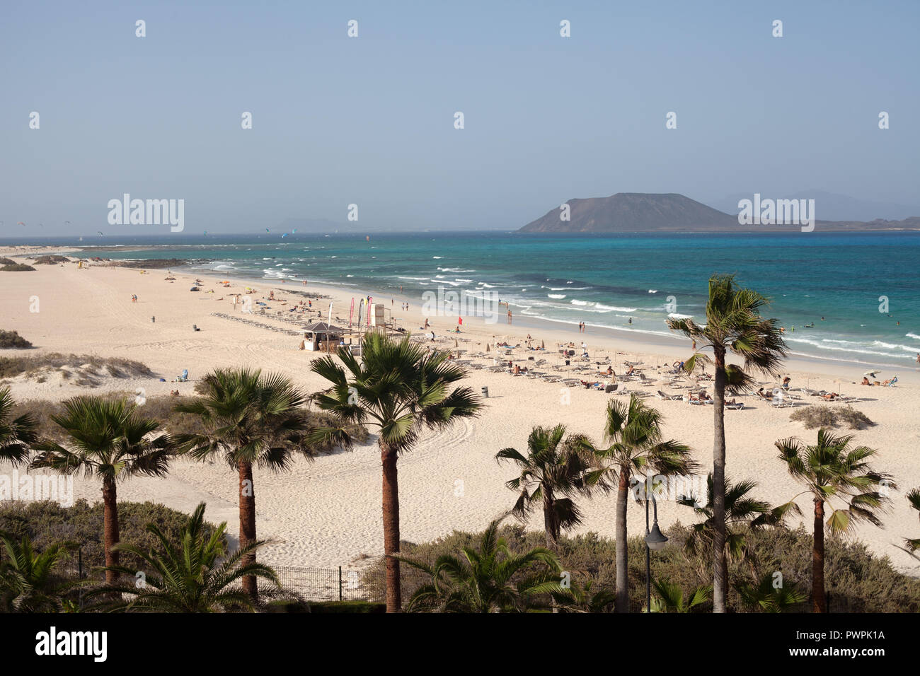 Playas Grandes with Los Lobos island in the distance, Corralejo, La Oliva, Fuerteventura, Canary Islands, Spain Stock Photo